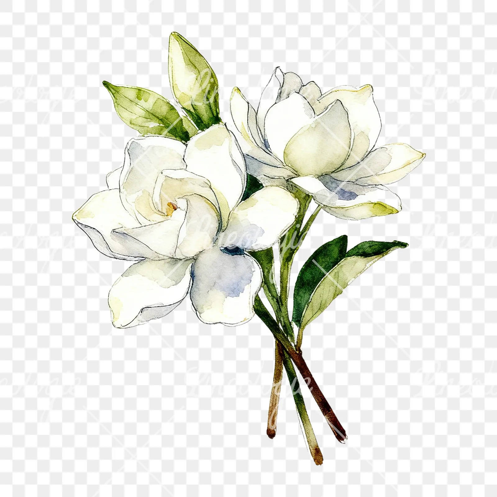 Watercolor loose white gardenia bouquet clipart 1 of 9 on a transparent background (PNG)