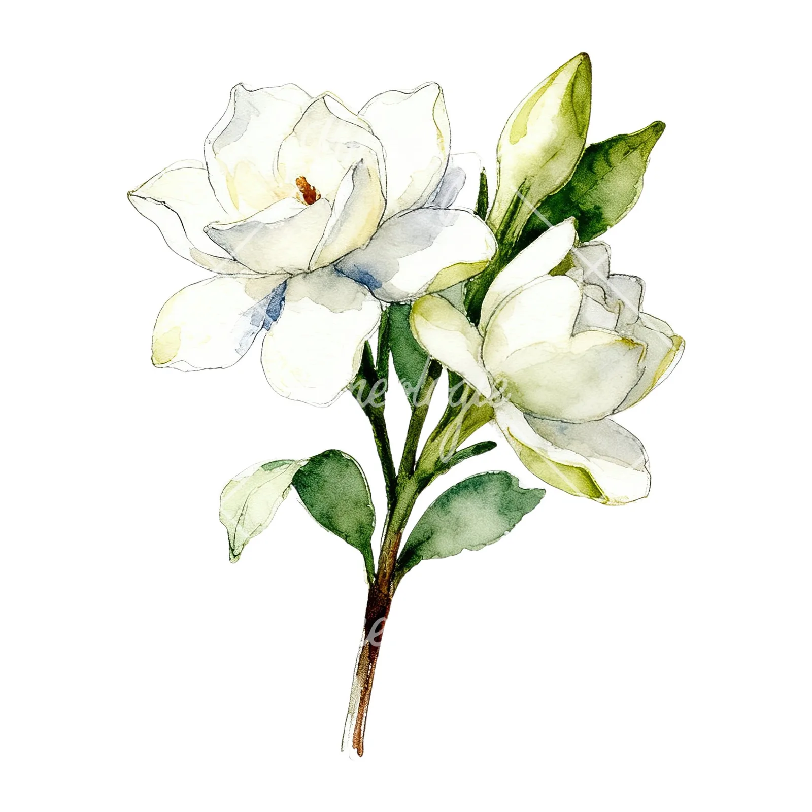 Watercolor loose white gardenia bouquet clipart 2 of 9 on a white background (JPG)