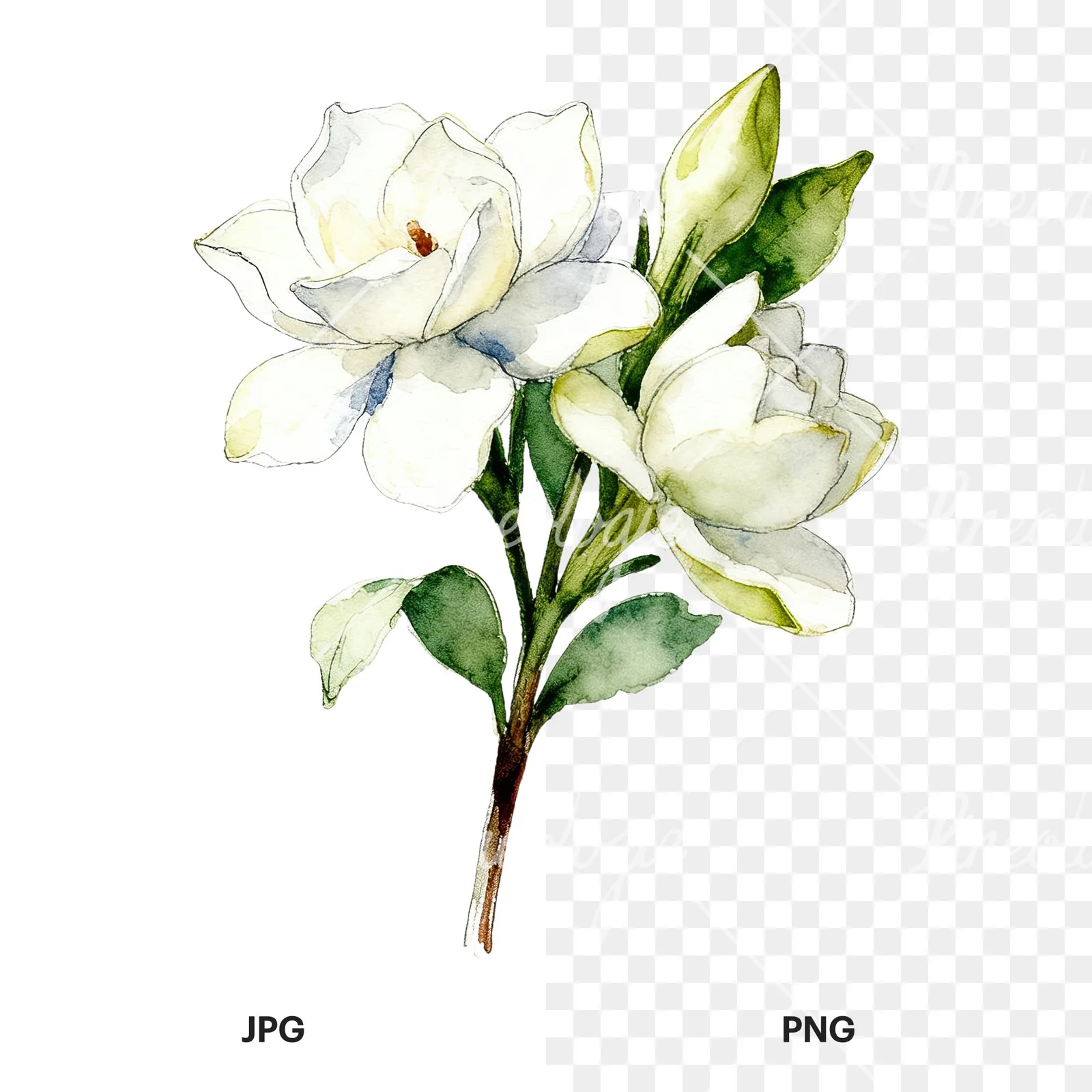Watercolor loose white gardenia bouquet clipart 2 of 9, as a JPG on white and a transparent PNG