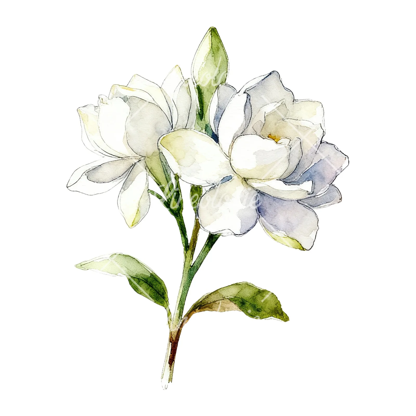 Watercolor loose white gardenia bouquet clipart 3 of 9 on a white background (JPG)