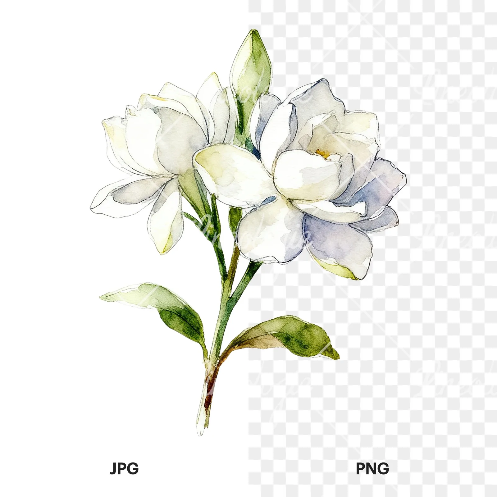Watercolor loose white gardenia bouquet clipart 3 of 9, as a JPG on white and a transparent PNG