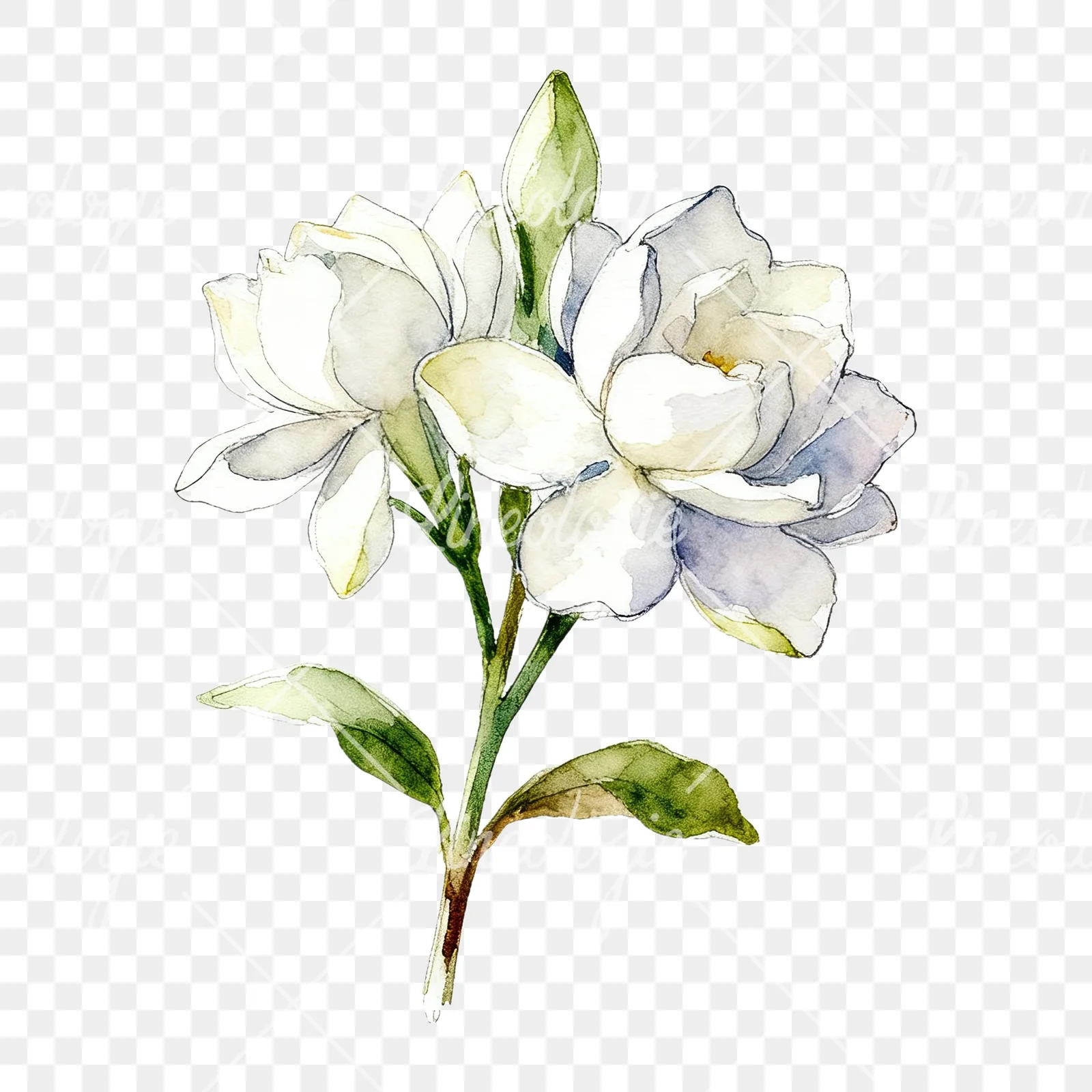 Watercolor loose white gardenia bouquet clipart 3 of 9 on a transparent background (PNG)