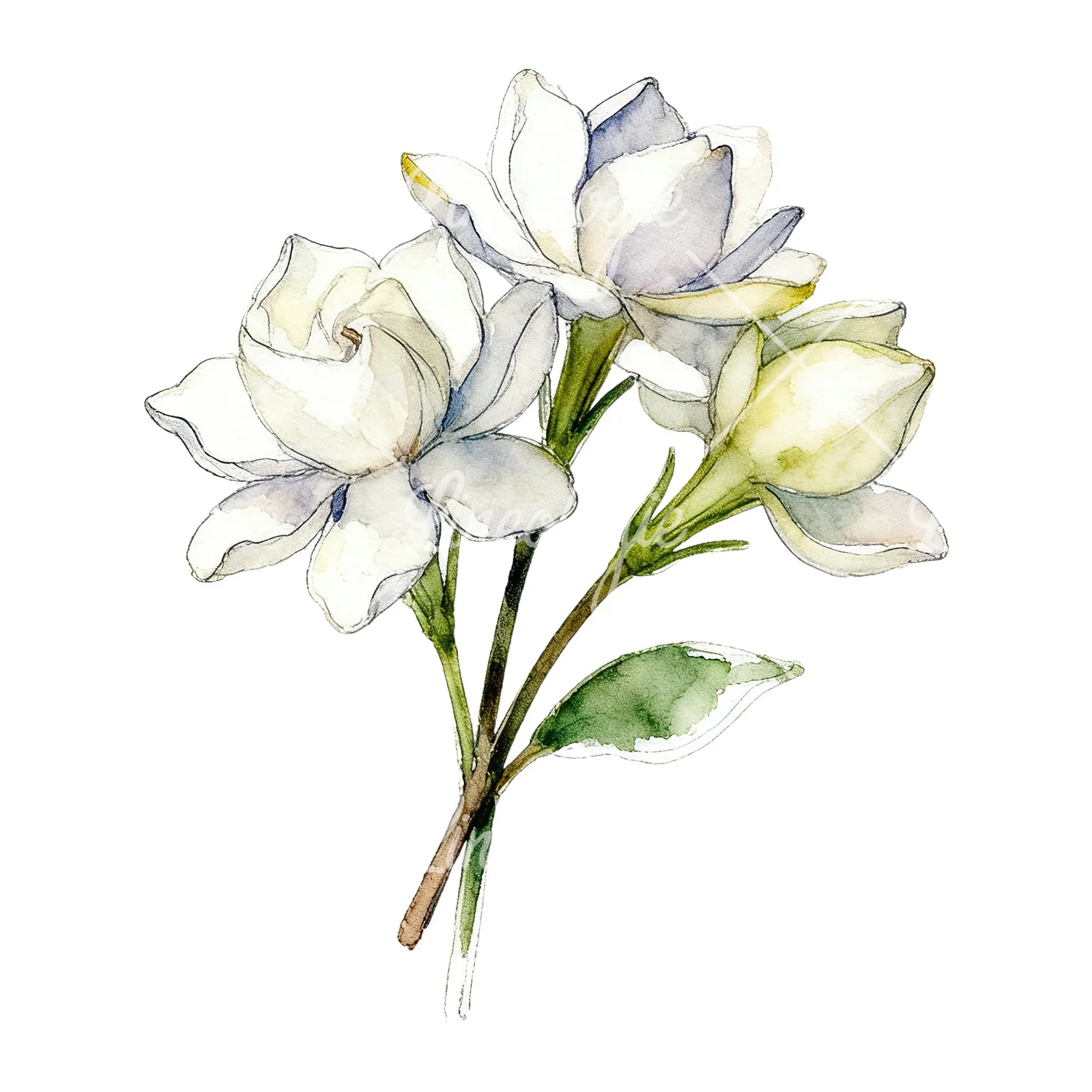 Watercolor loose white gardenia bouquet clipart 4 of 9 on a white background (JPG)