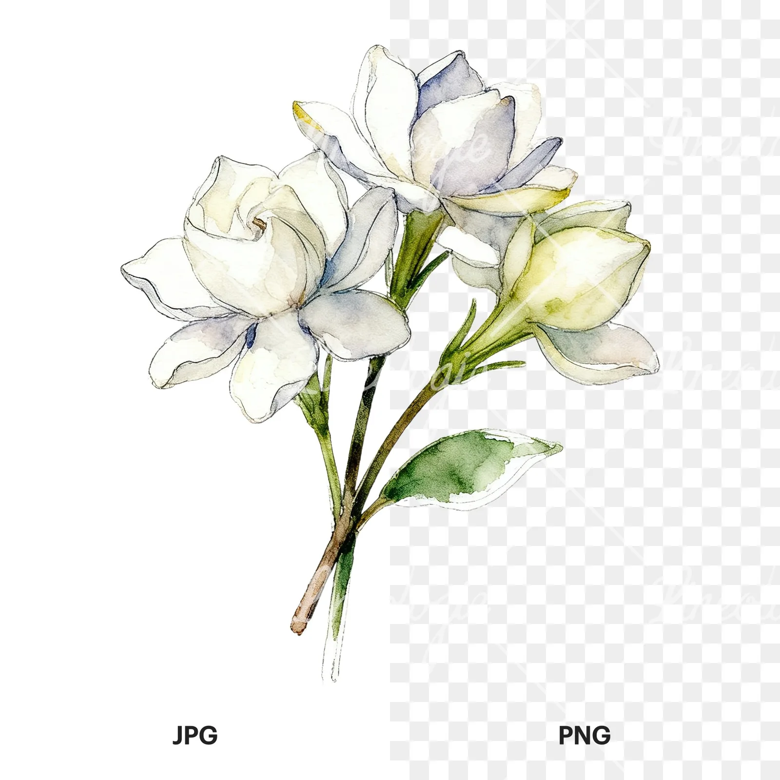 Watercolor loose white gardenia bouquet clipart 4 of 9, as a JPG on white and a transparent PNG
