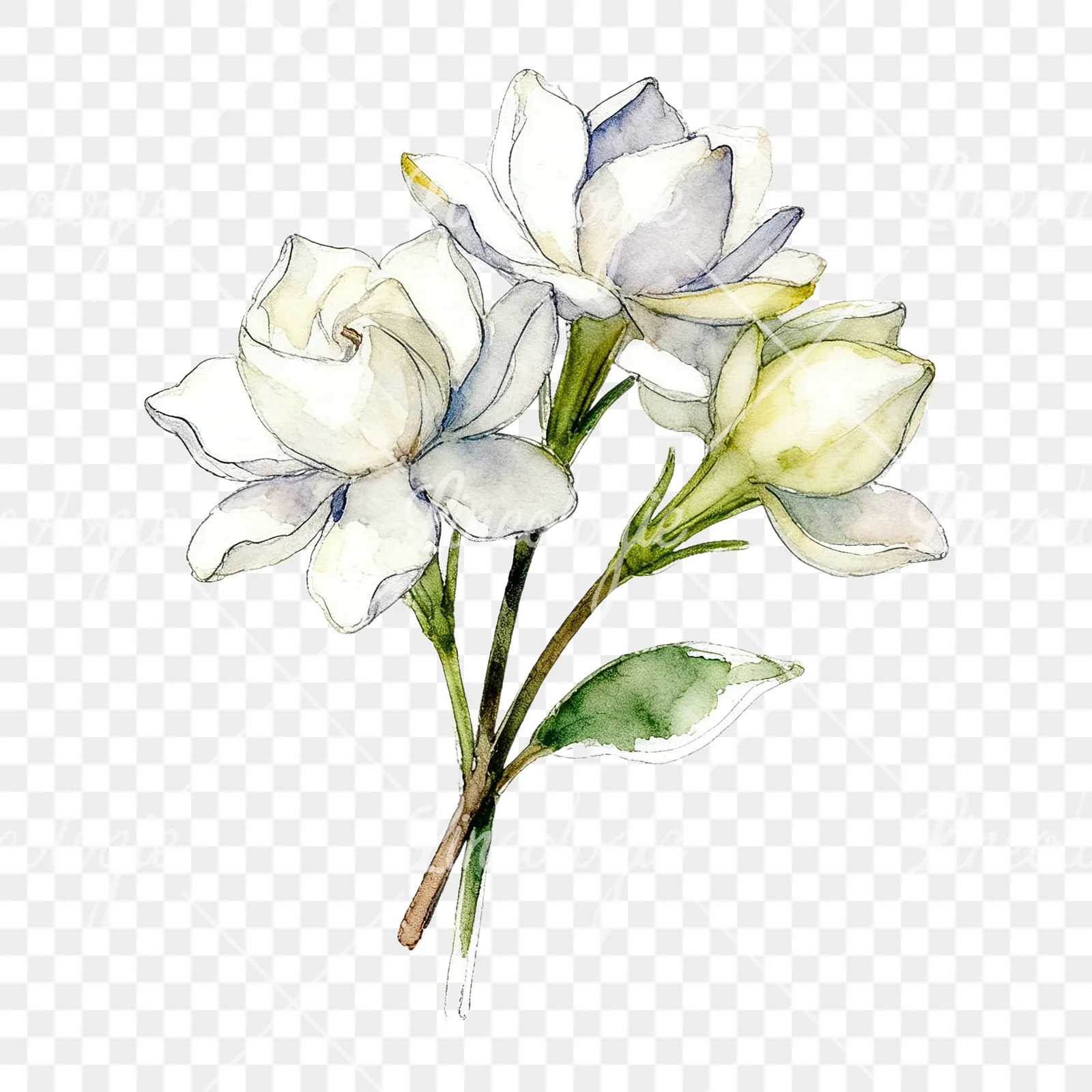 Watercolor loose white gardenia bouquet clipart 4 of 9 on a transparent background (PNG)
