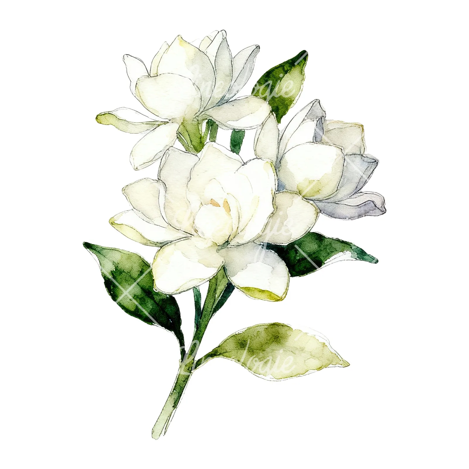 Watercolor loose white gardenia bouquet clipart 5 of 9 on a white background (JPG)