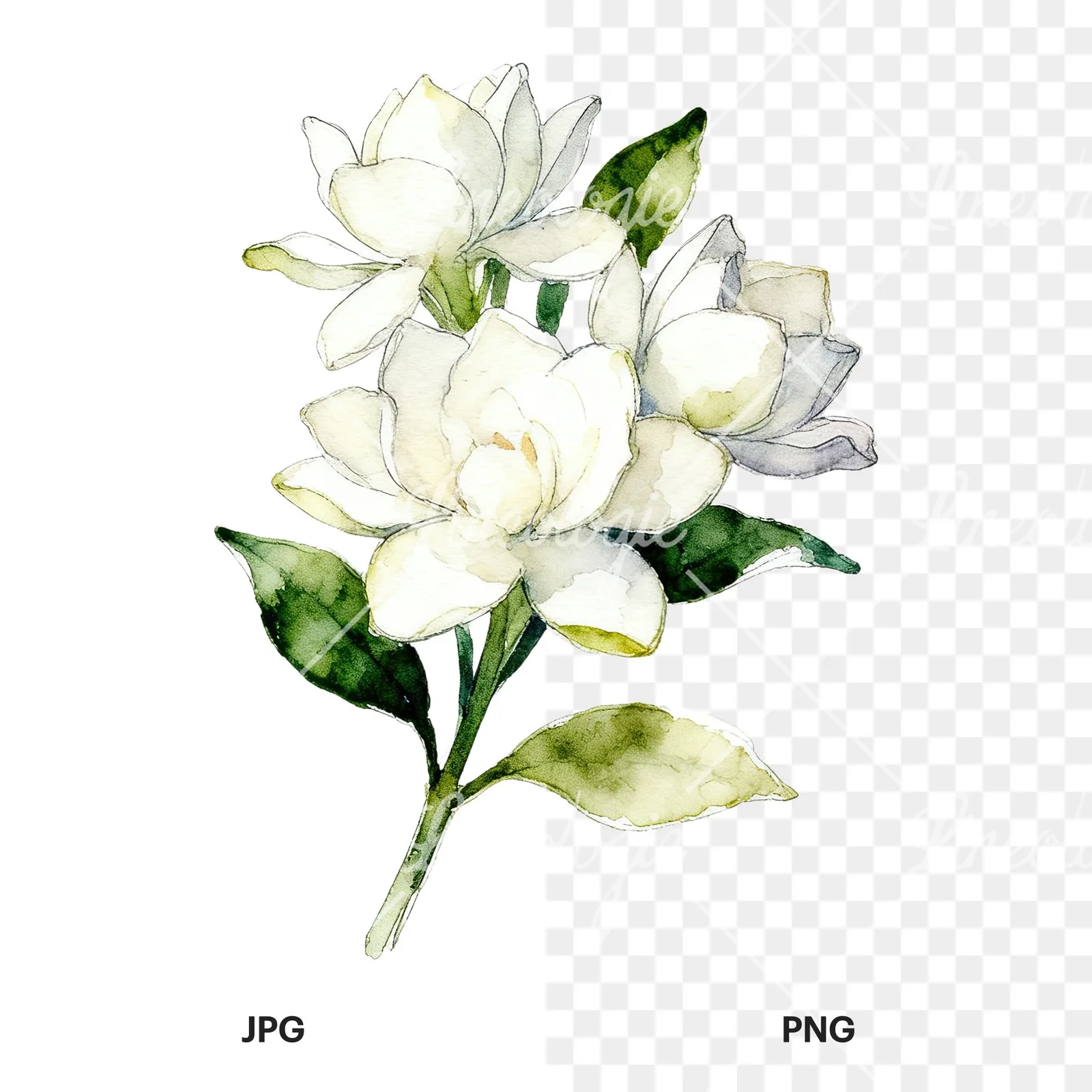 Watercolor loose white gardenia bouquet clipart 5 of 9, as a JPG on white and a transparent PNG
