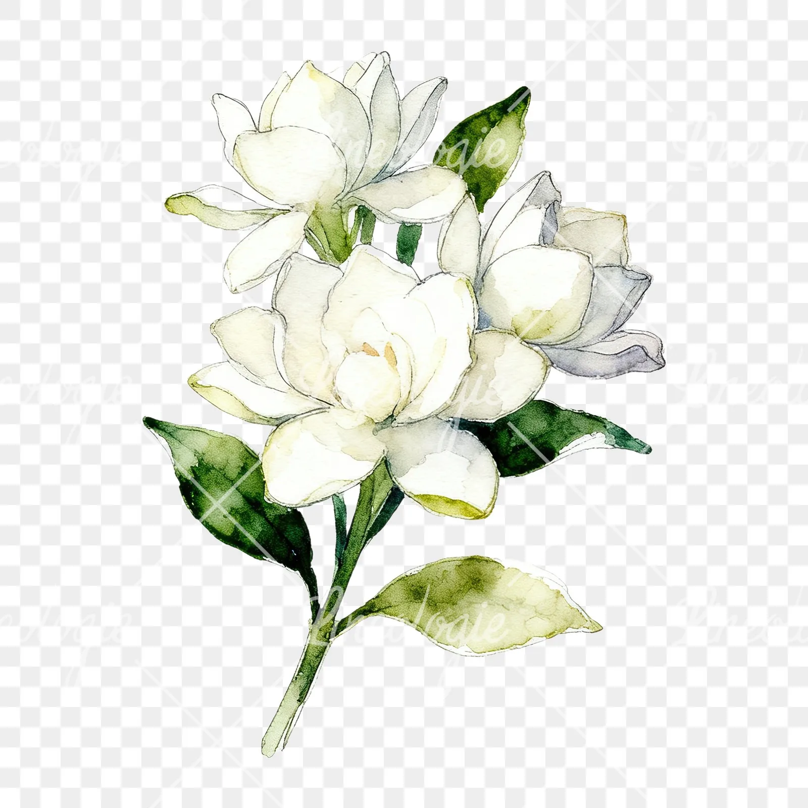 Watercolor loose white gardenia bouquet clipart 5 of 9 on a transparent background (PNG)