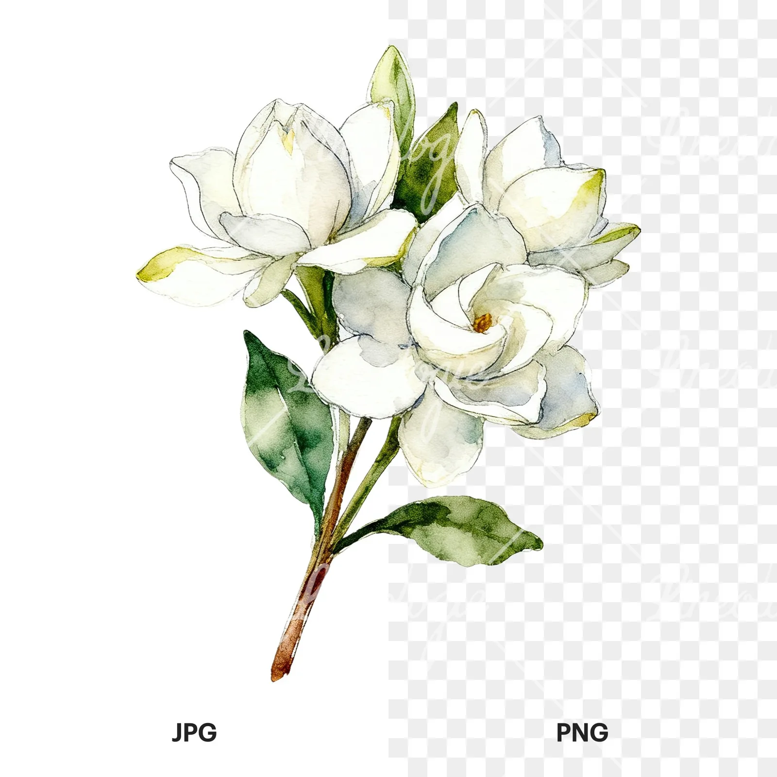 Watercolor loose white gardenia bouquet clipart 6 of 9, as a JPG on white and a transparent PNG
