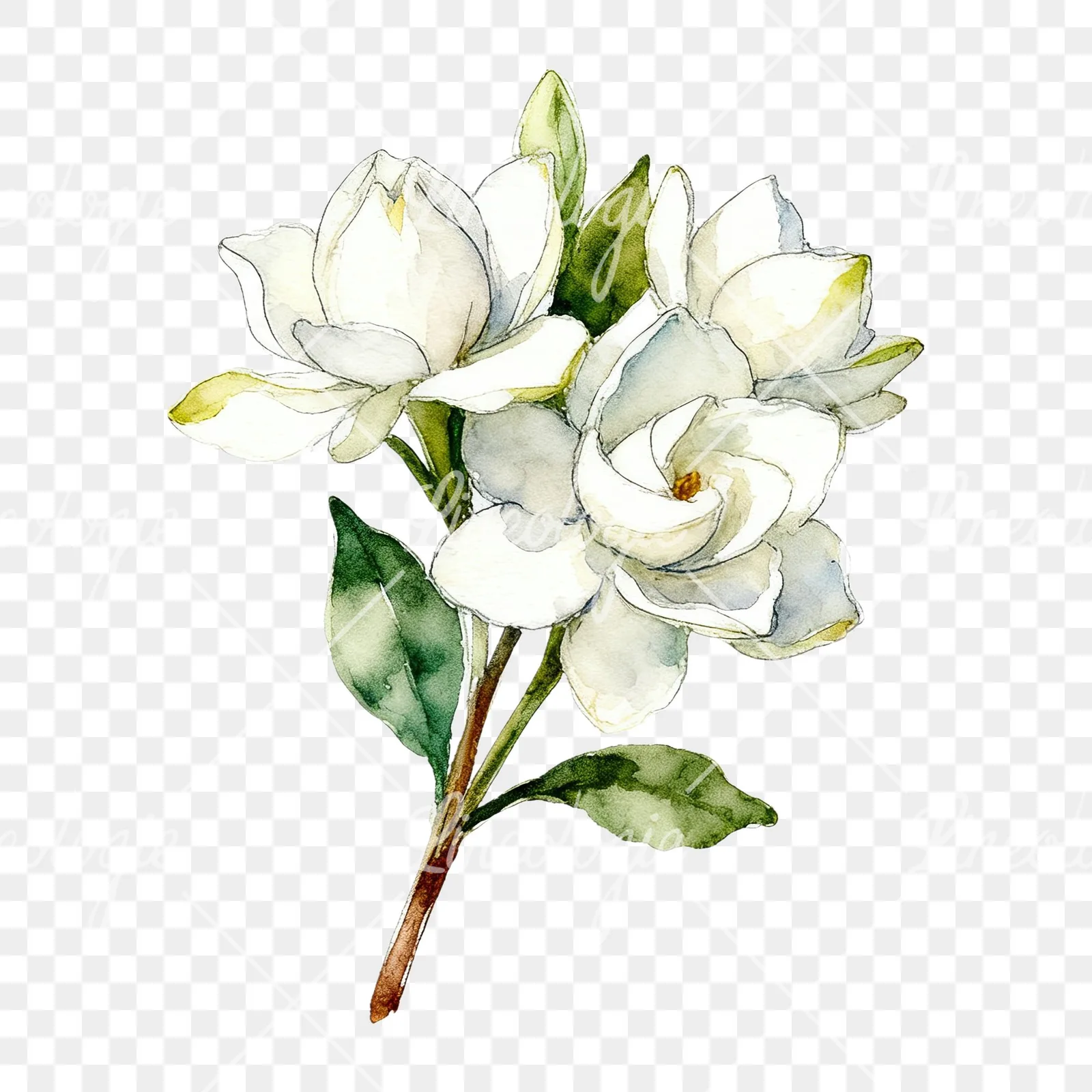 Watercolor loose white gardenia bouquet clipart 6 of 9 on a transparent background (PNG)