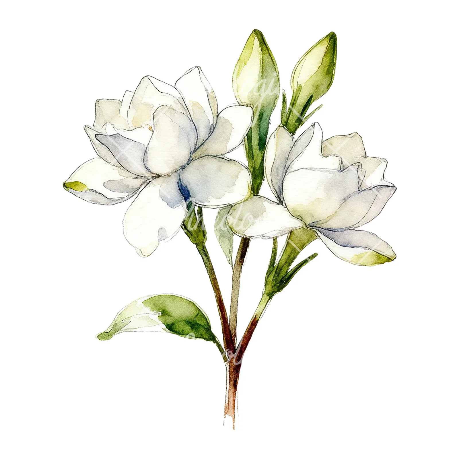 Watercolor loose white gardenia bouquet clipart 7 of 9 on a white background (JPG)