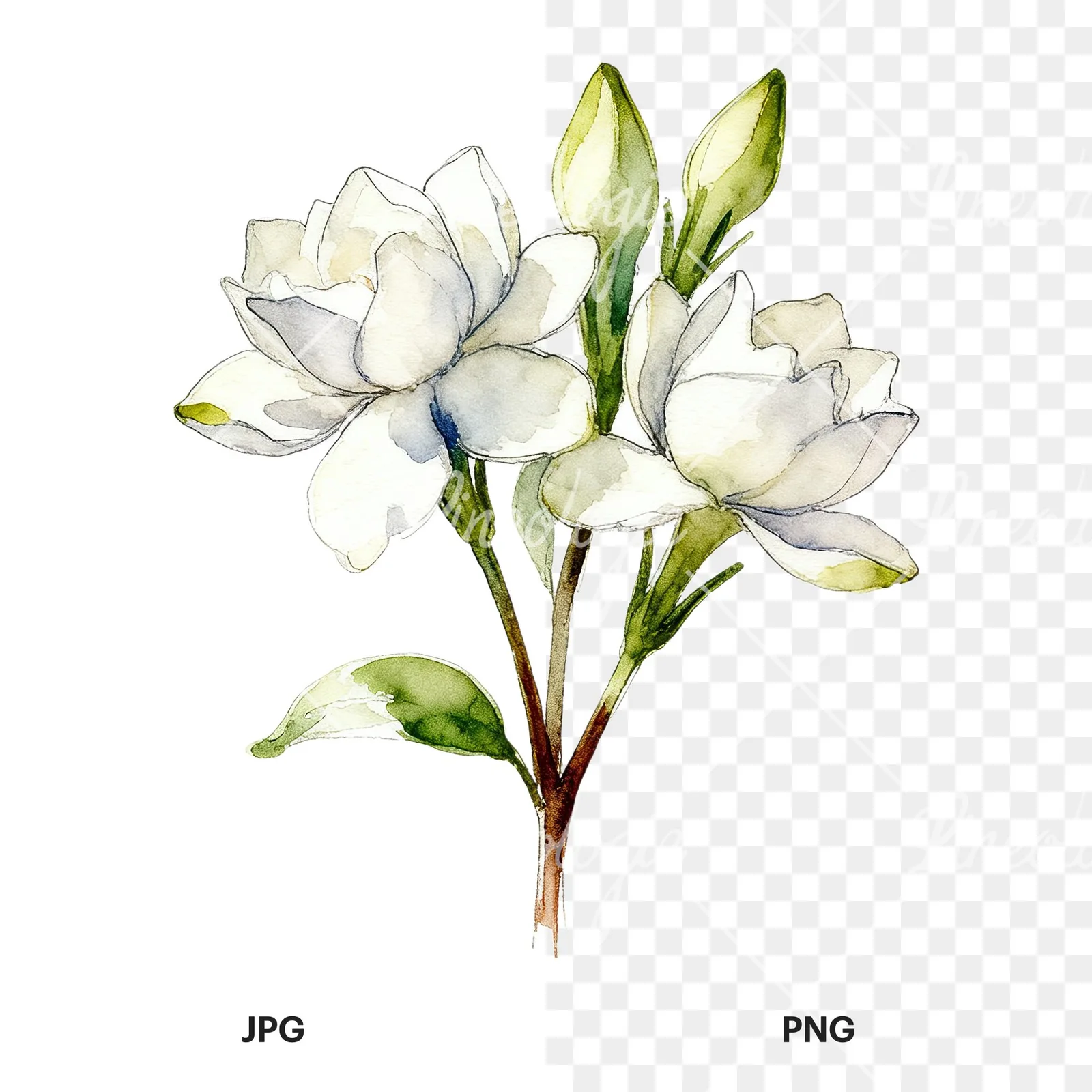 Watercolor loose white gardenia bouquet clipart 7 of 9, as a JPG on white and a transparent PNG