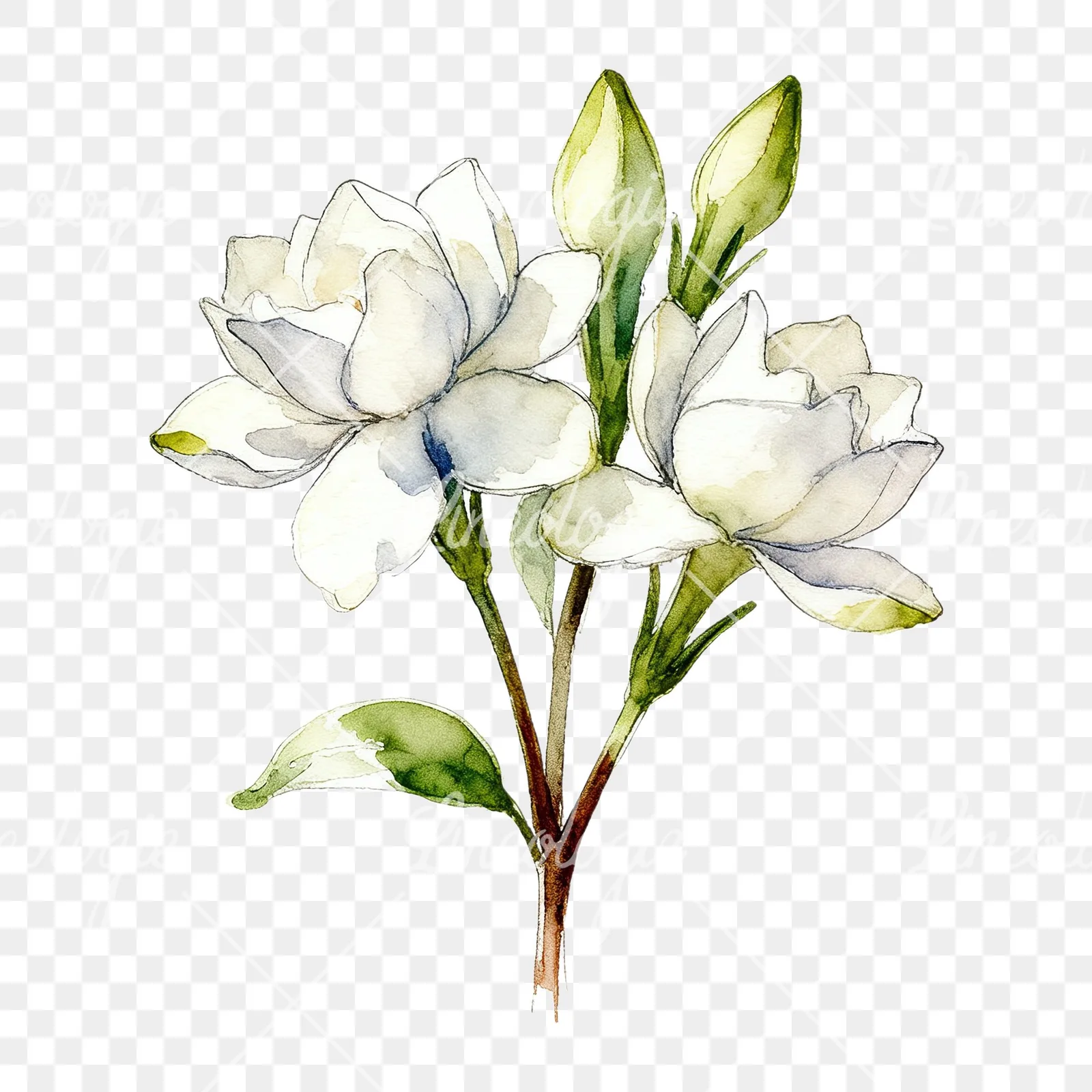 Watercolor loose white gardenia bouquet clipart 7 of 9 on a transparent background (PNG)