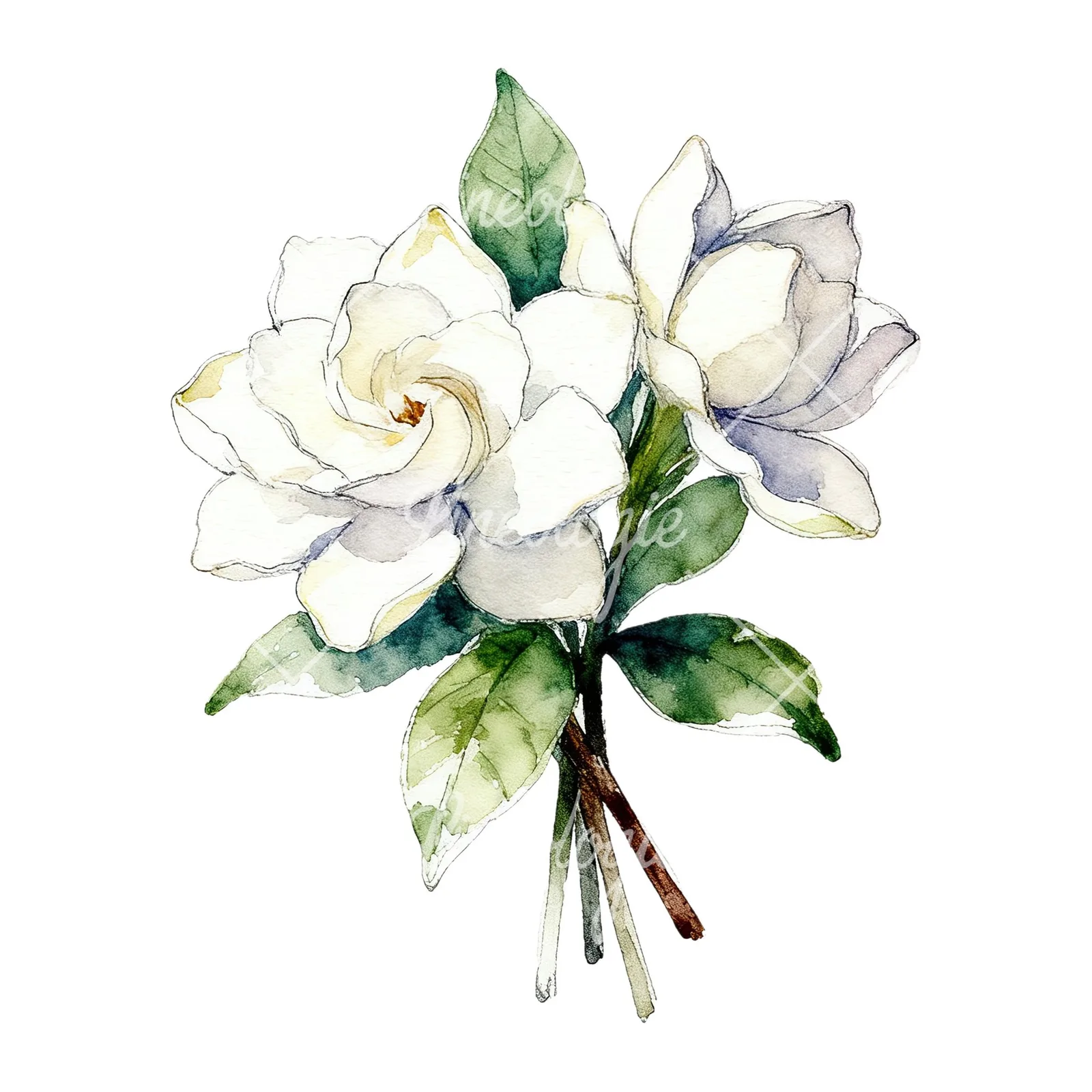 Watercolor loose white gardenia bouquet clipart 8 of 9 on a white background (JPG)