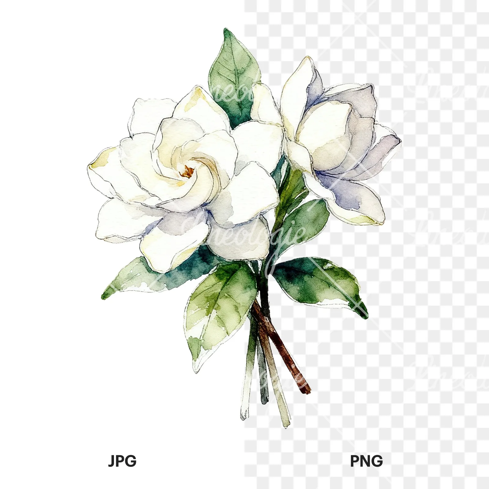 Watercolor loose white gardenia bouquet clipart 8 of 9, as a JPG on white and a transparent PNG