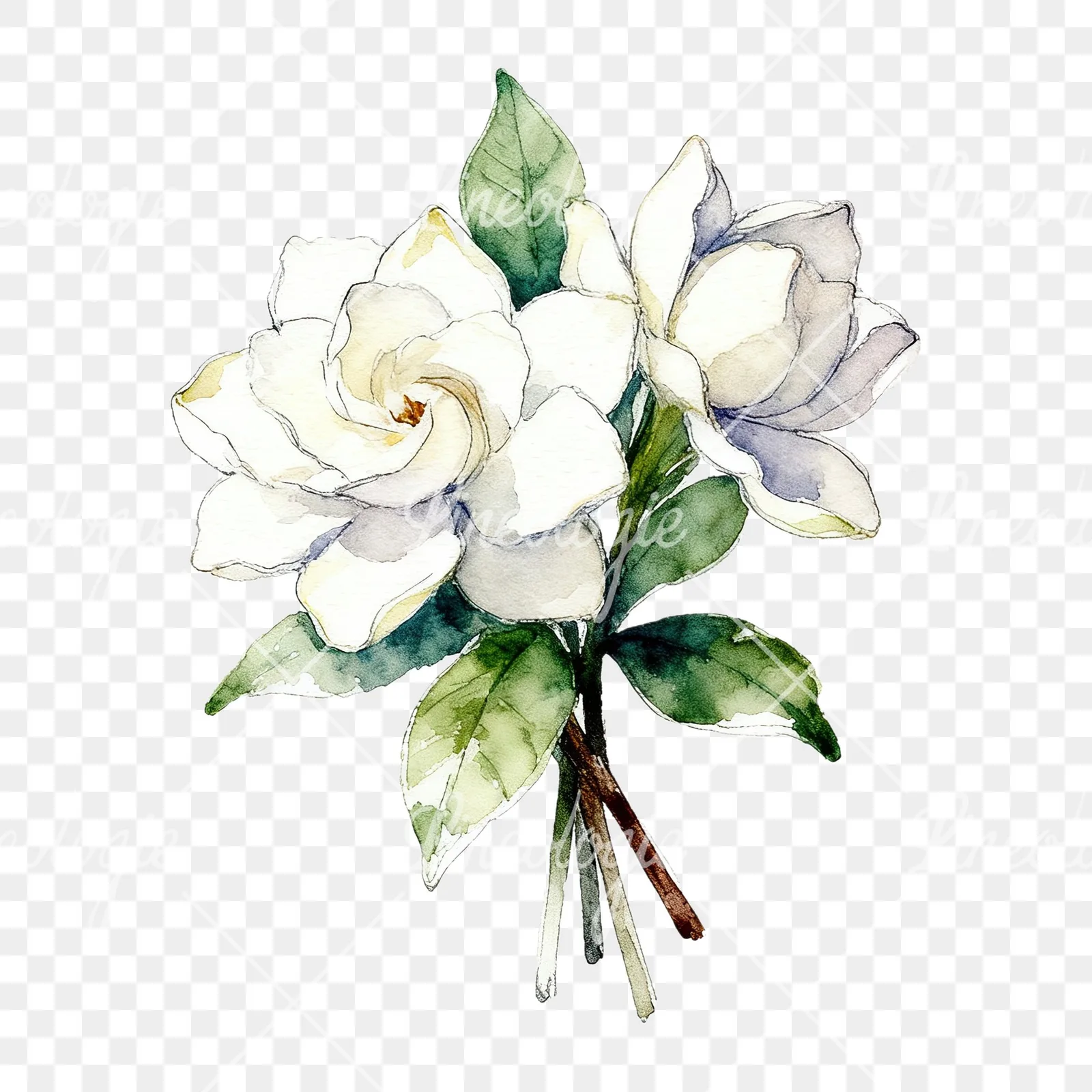 Watercolor loose white gardenia bouquet clipart 8 of 9 on a transparent background (PNG)