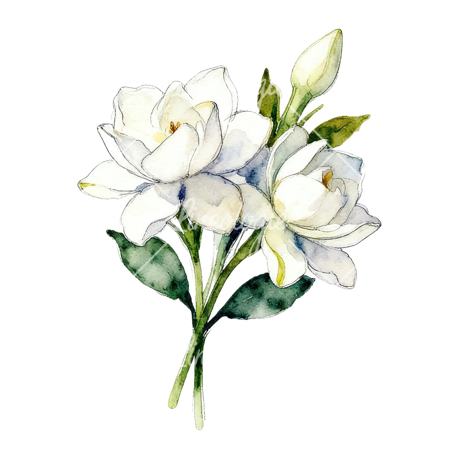 Watercolor loose white gardenia bouquet clipart 9 of 9 on a white background (JPG)