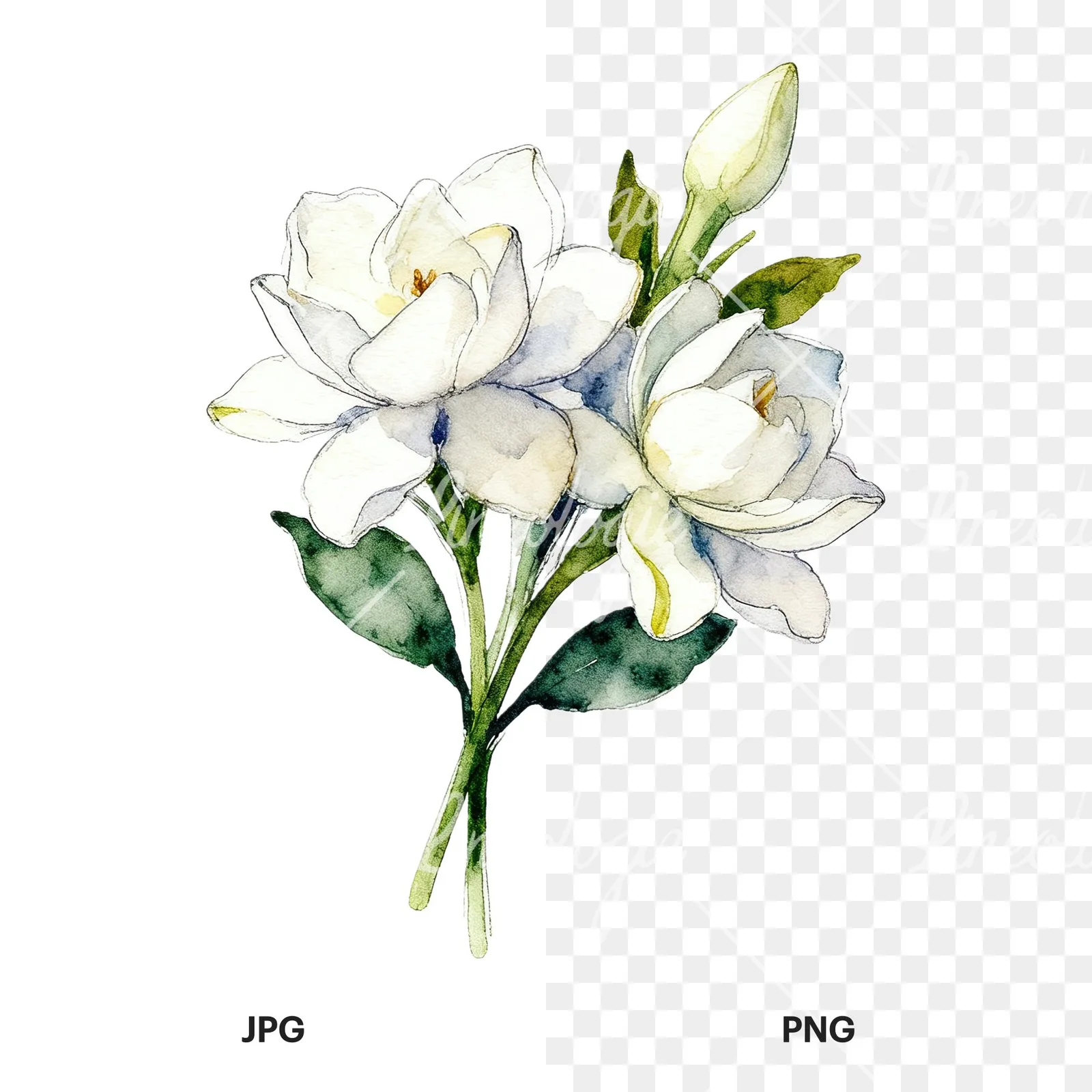 Watercolor loose white gardenia bouquet clipart 9 of 9, as a JPG on white and a transparent PNG