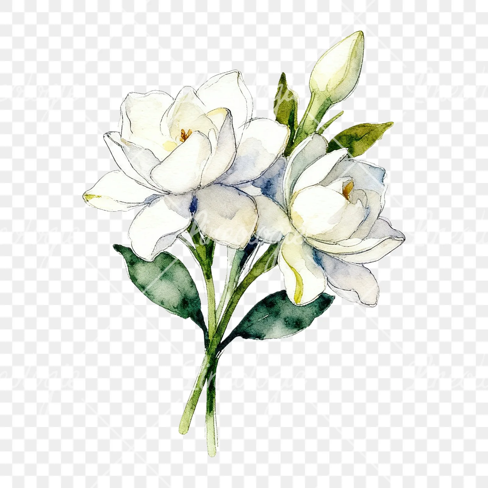 Watercolor loose white gardenia bouquet clipart 9 of 9 on a transparent background (PNG)