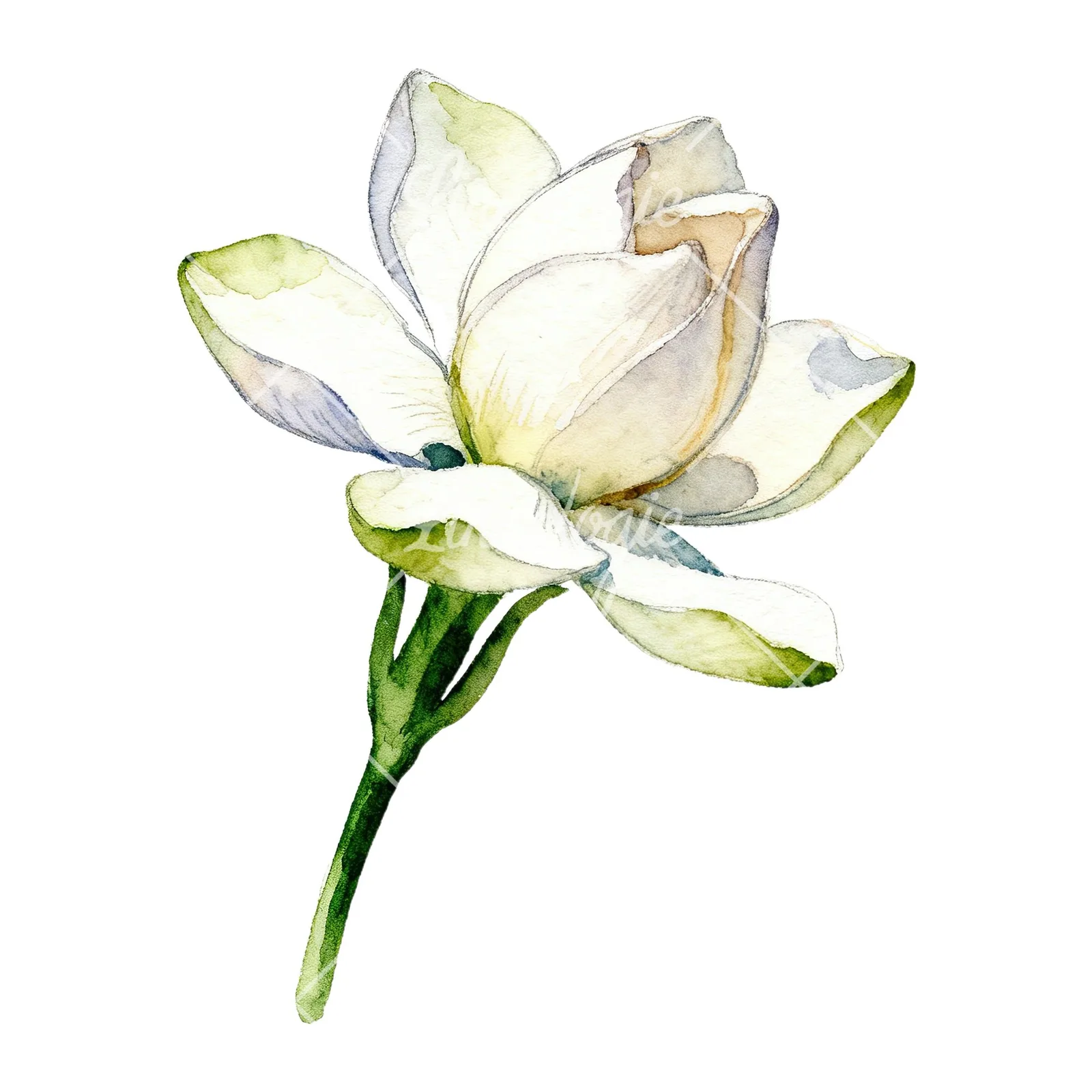 Watercolor white gardenia with blue accents clipart 1 of 9 on a white background (JPG)