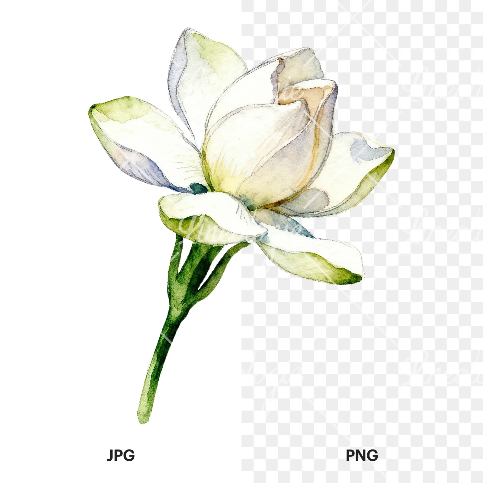 Watercolor white gardenia with blue accents clipart 1 of 9, as a JPG on white and a transparent PNG