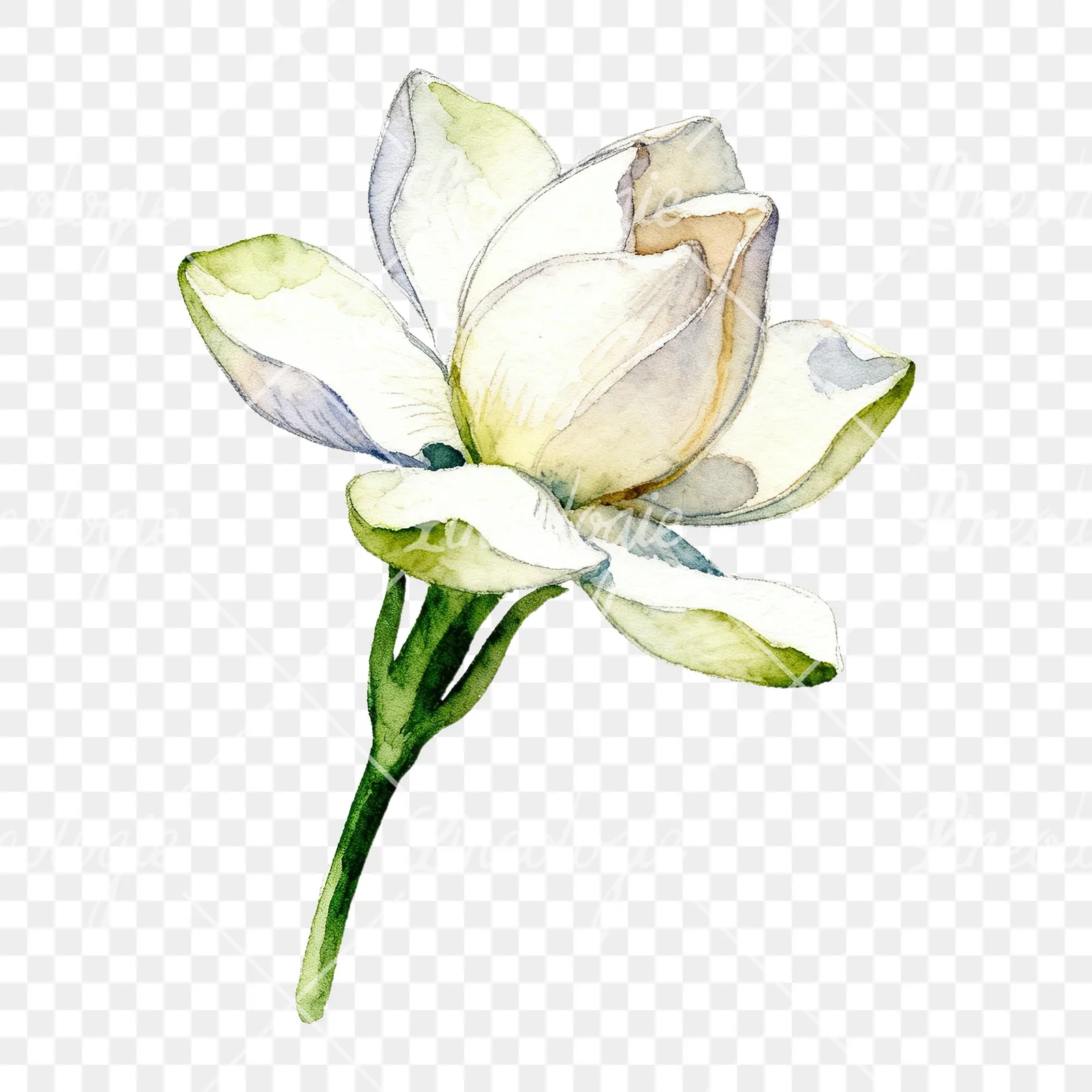 Watercolor white gardenia with blue accents clipart 1 of 9 on a transparent background (PNG)