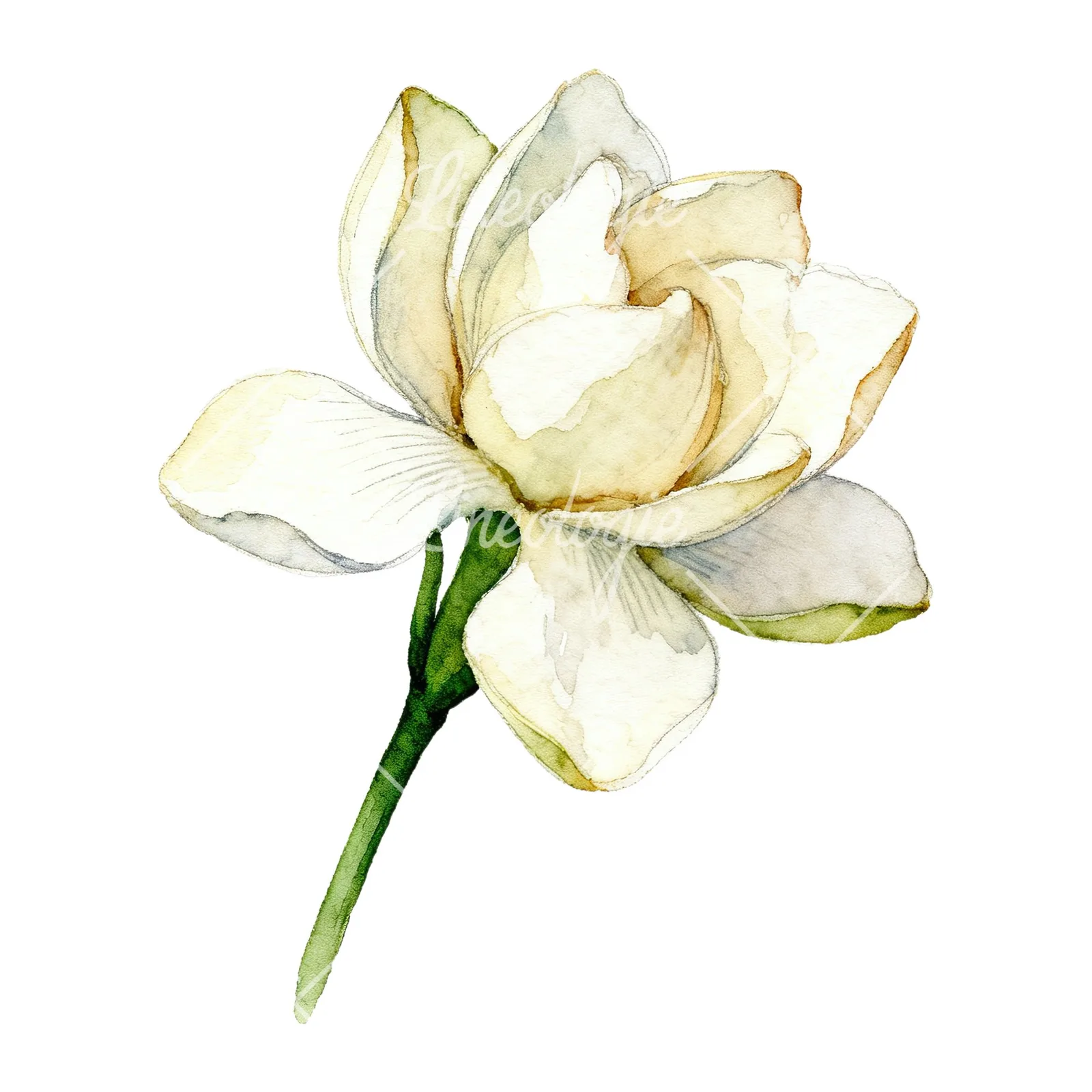 Watercolor white gardenia with blue accents clipart 2 of 9 on a white background (JPG)