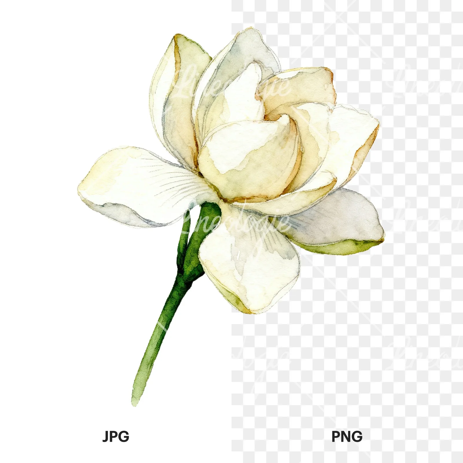 Watercolor white gardenia with blue accents clipart 2 of 9, as a JPG on white and a transparent PNG