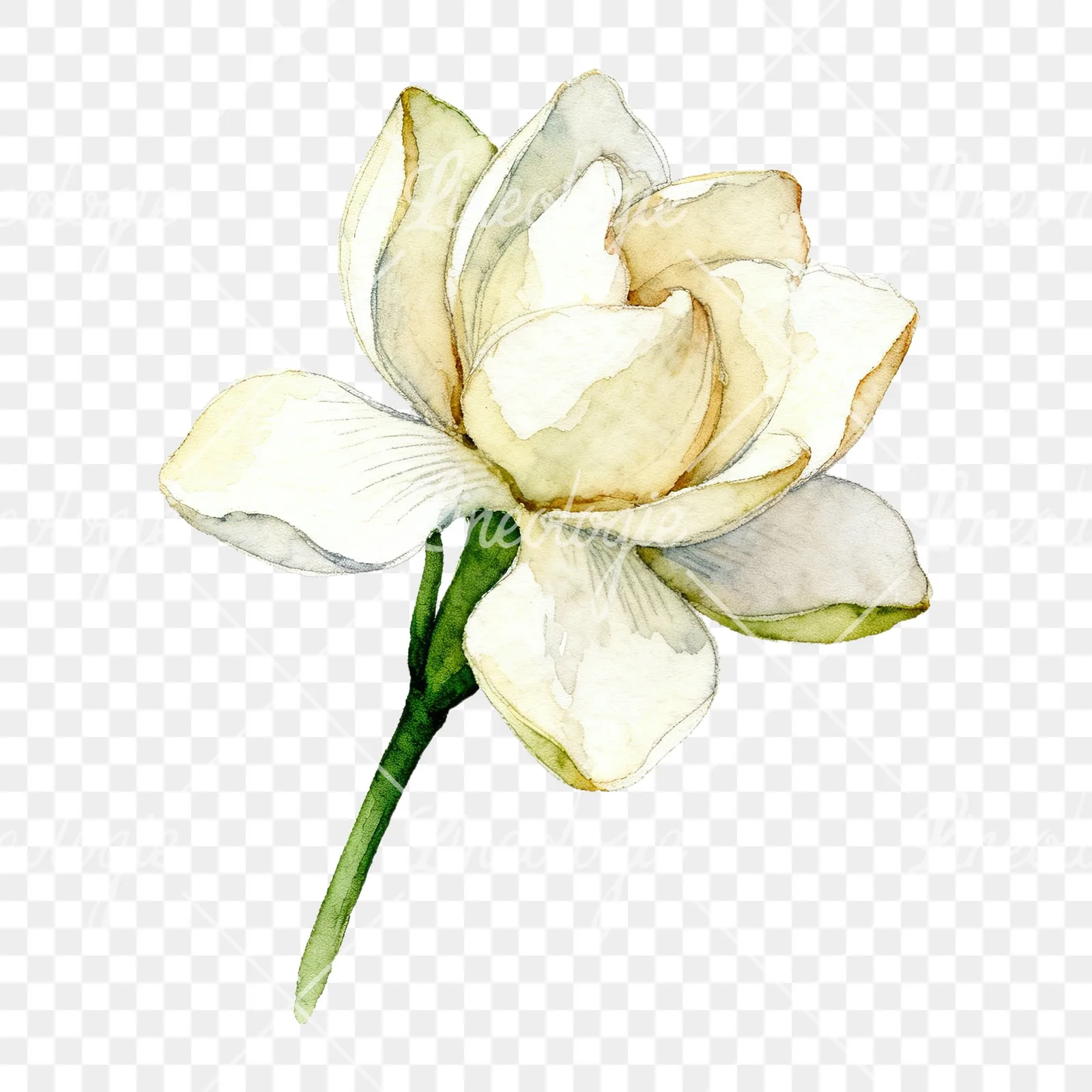 Watercolor white gardenia with blue accents clipart 2 of 9 on a transparent background (PNG)