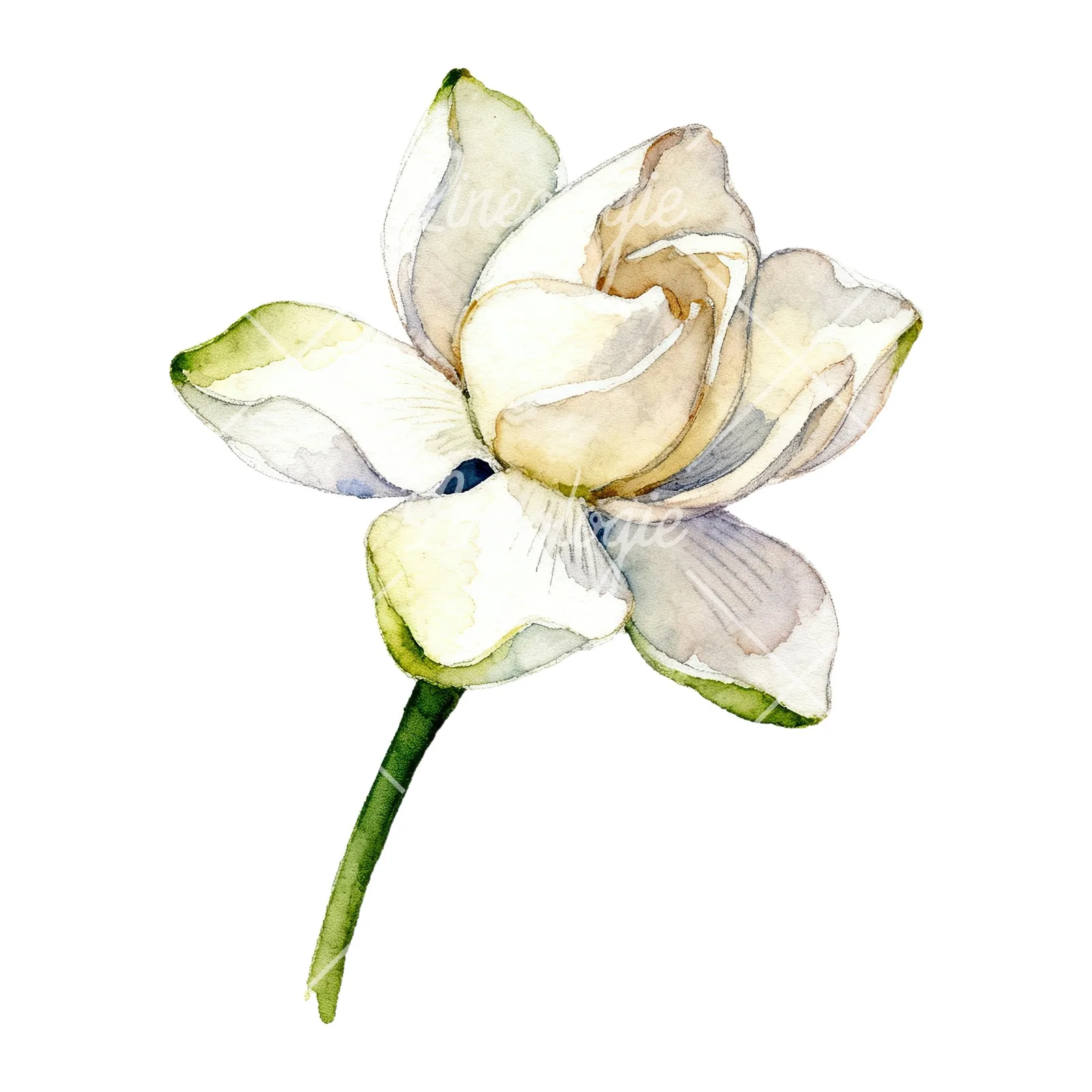 Watercolor white gardenia with blue accents clipart 4 of 9 on a white background (JPG)