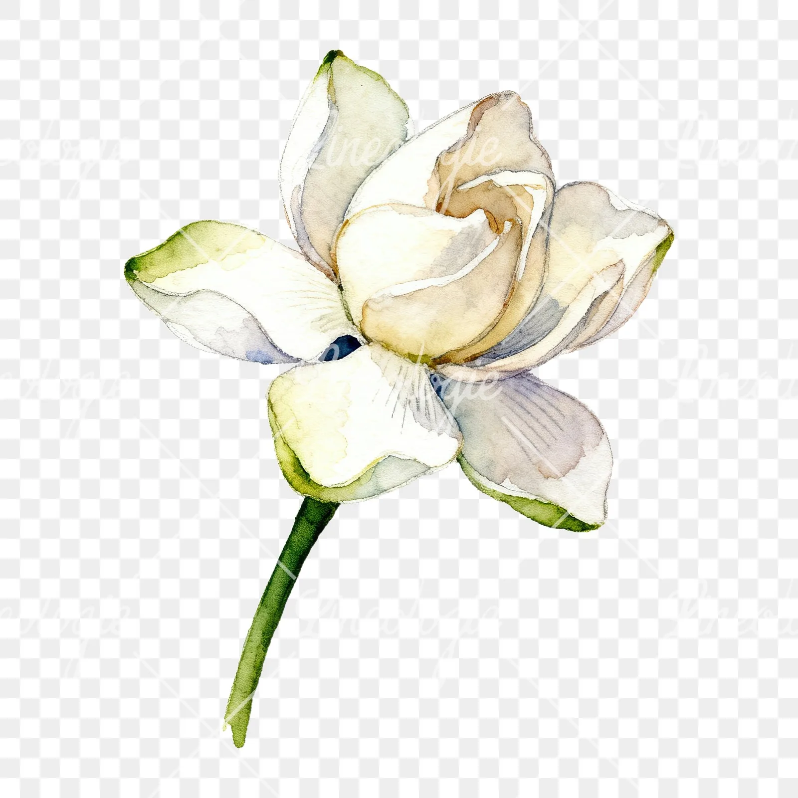 Watercolor white gardenia with blue accents clipart 4 of 9 on a transparent background (PNG)