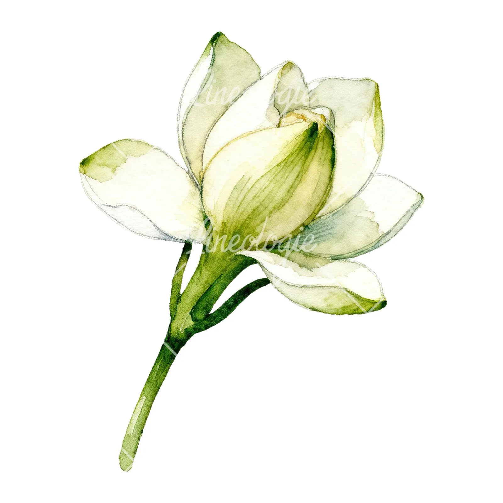 Watercolor white gardenia with blue accents clipart 5 of 9 on a white background (JPG)
