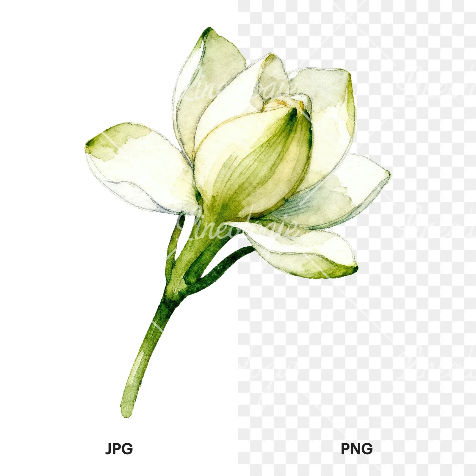 Watercolor white gardenia with blue accents clipart 5 of 9, as a JPG on white and a transparent PNG