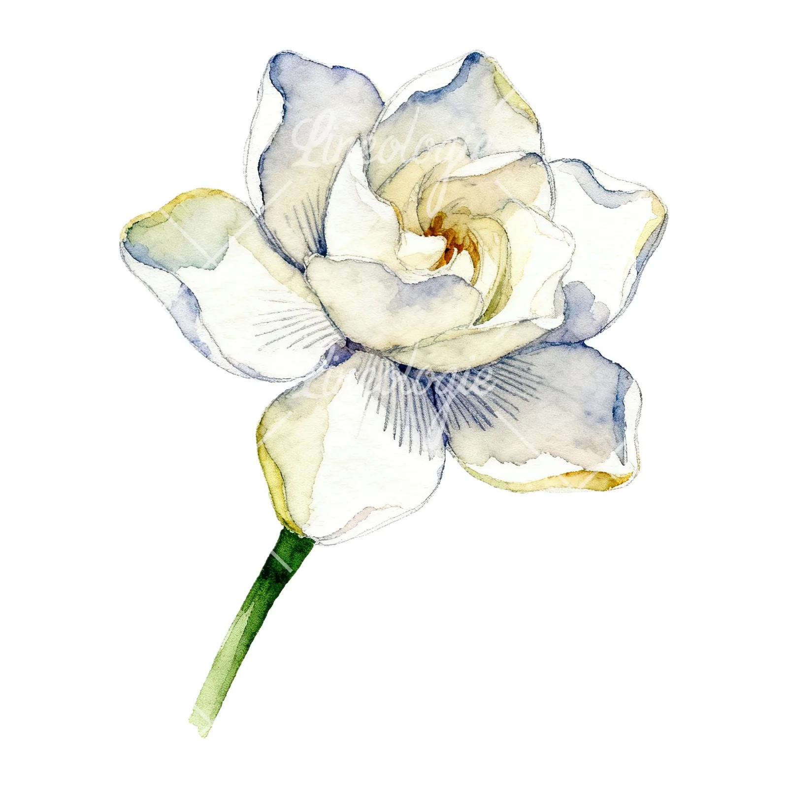 Watercolor white gardenia with blue accents clipart 6 of 9 on a white background (JPG)