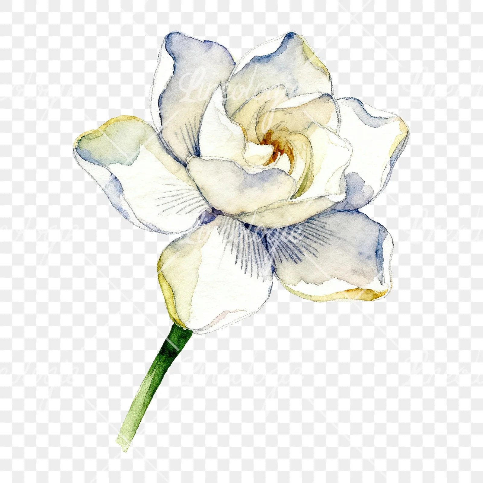 Watercolor white gardenia with blue accents clipart 6 of 9 on a transparent background (PNG)