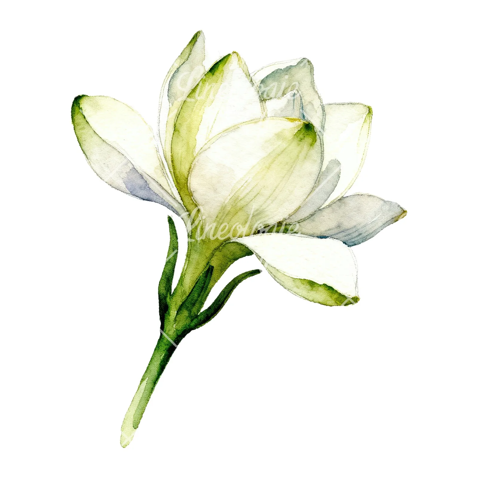 Watercolor white gardenia with blue accents clipart 7 of 9 on a white background (JPG)