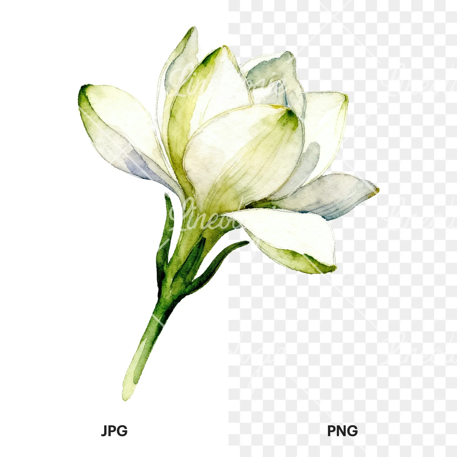 Watercolor white gardenia with blue accents clipart 7 of 9, as a JPG on white and a transparent PNG