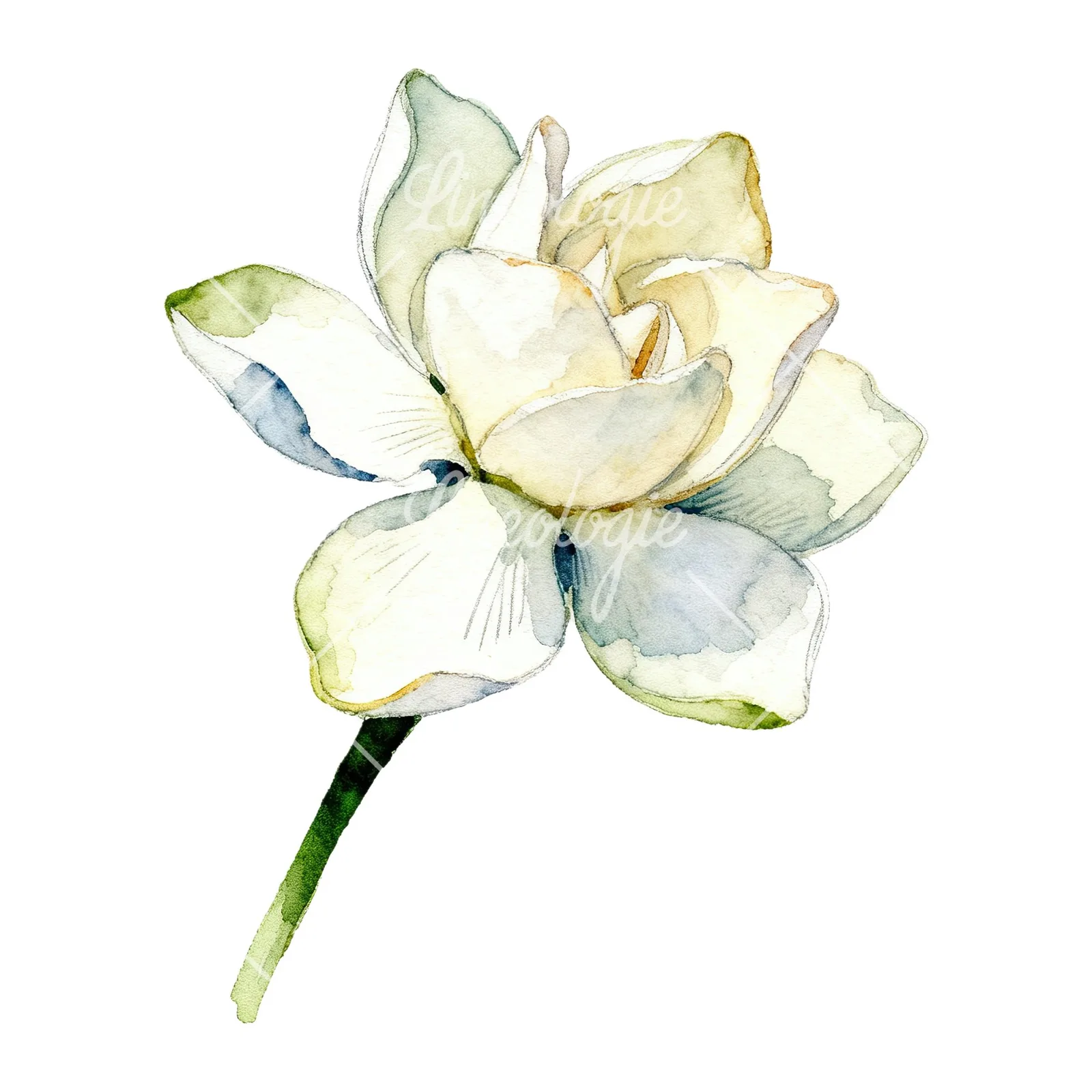Watercolor white gardenia with blue accents clipart 8 of 9 on a white background (JPG)