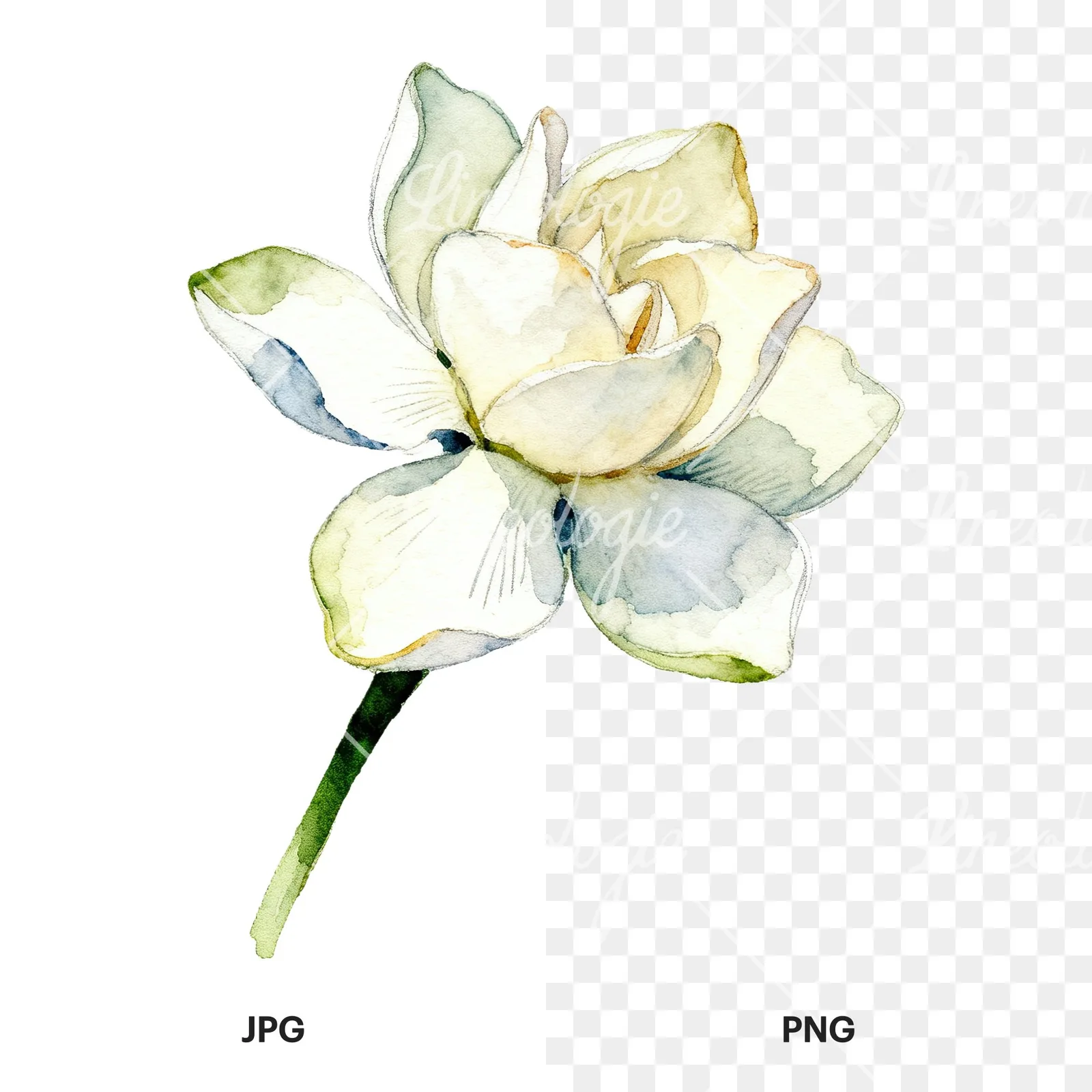 Watercolor white gardenia with blue accents clipart 8 of 9, as a JPG on white and a transparent PNG