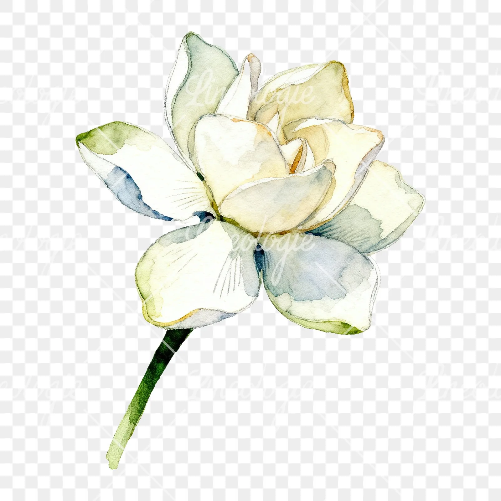 Watercolor white gardenia with blue accents clipart 8 of 9 on a transparent background (PNG)