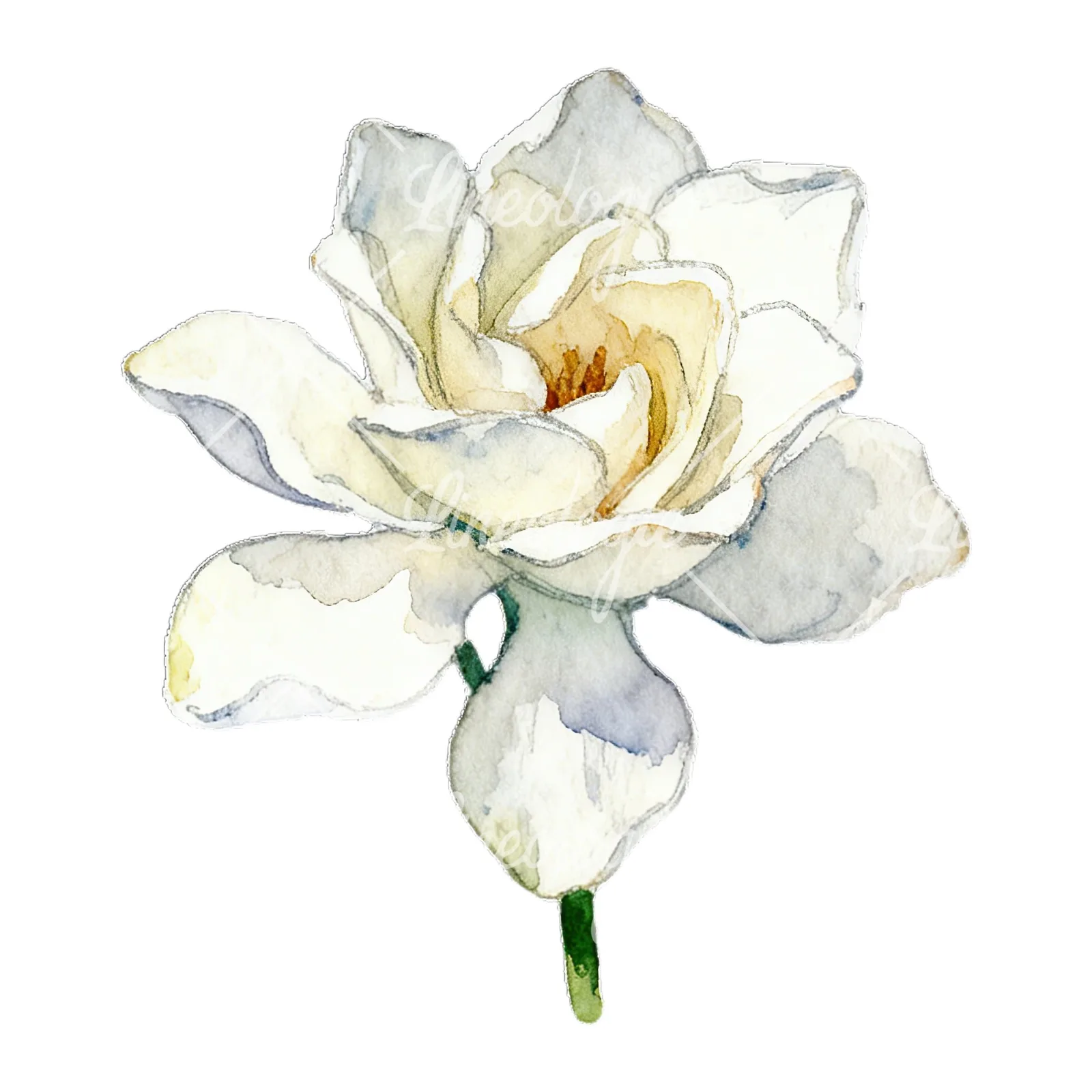 Watercolor white gardenia with yellow hints clipart 1 of 9 on a white background (JPG)