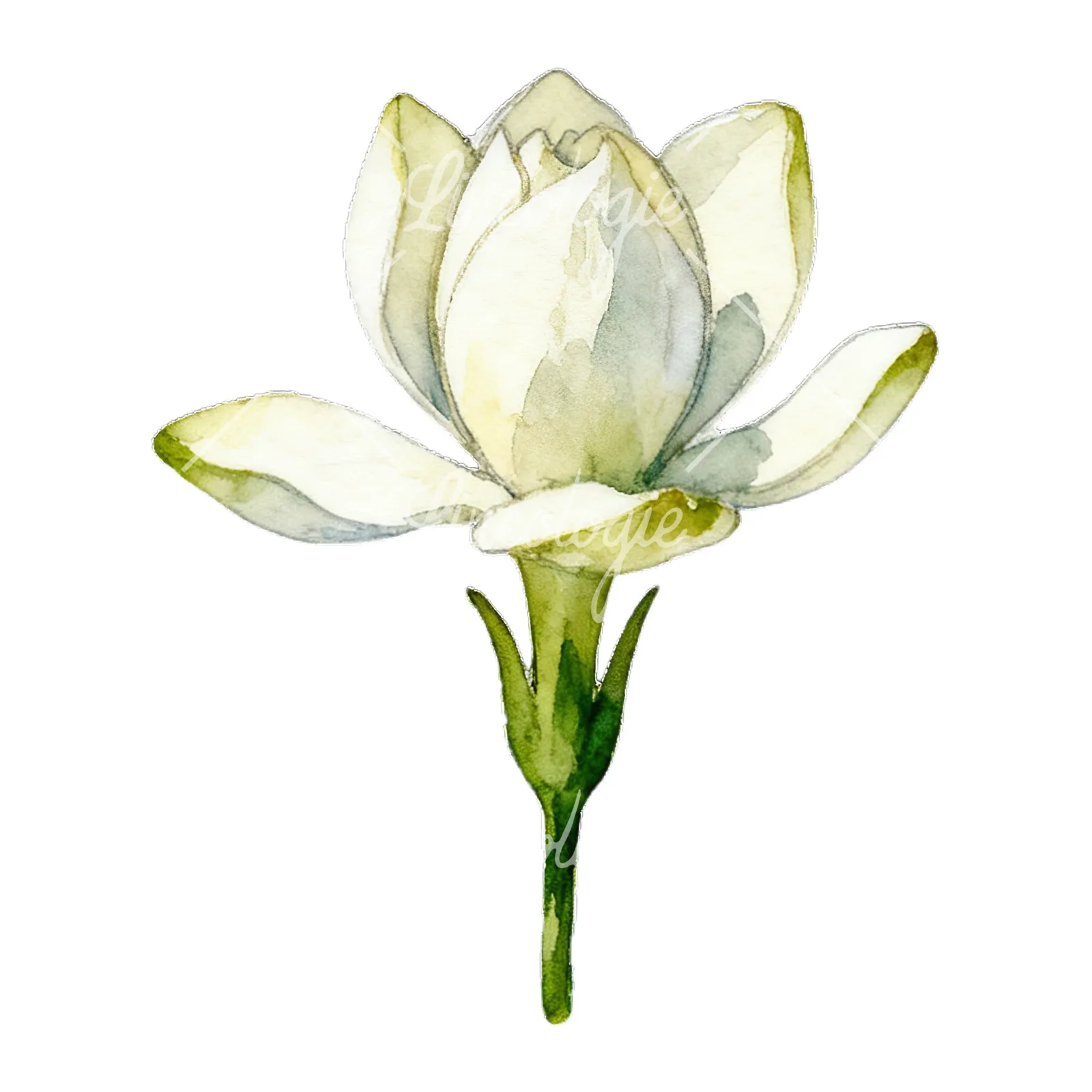Watercolor white gardenia with yellow hints clipart 2 of 9 on a white background (JPG)
