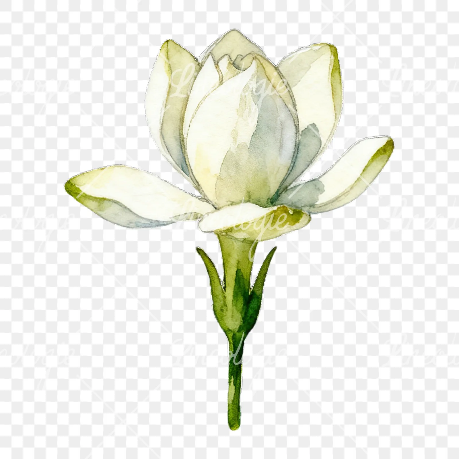Watercolor white gardenia with yellow hints clipart 2 of 9 on a transparent background (PNG)