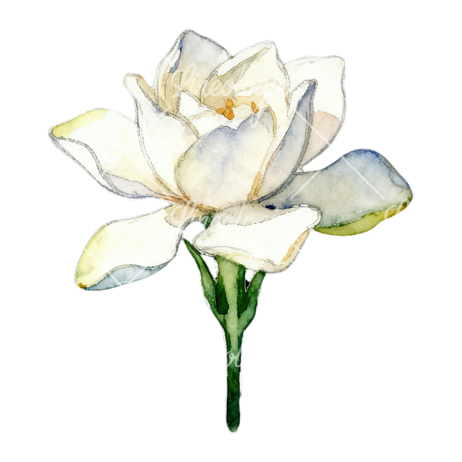 Watercolor white gardenia with yellow hints clipart 4 of 9 on a white background (JPG)