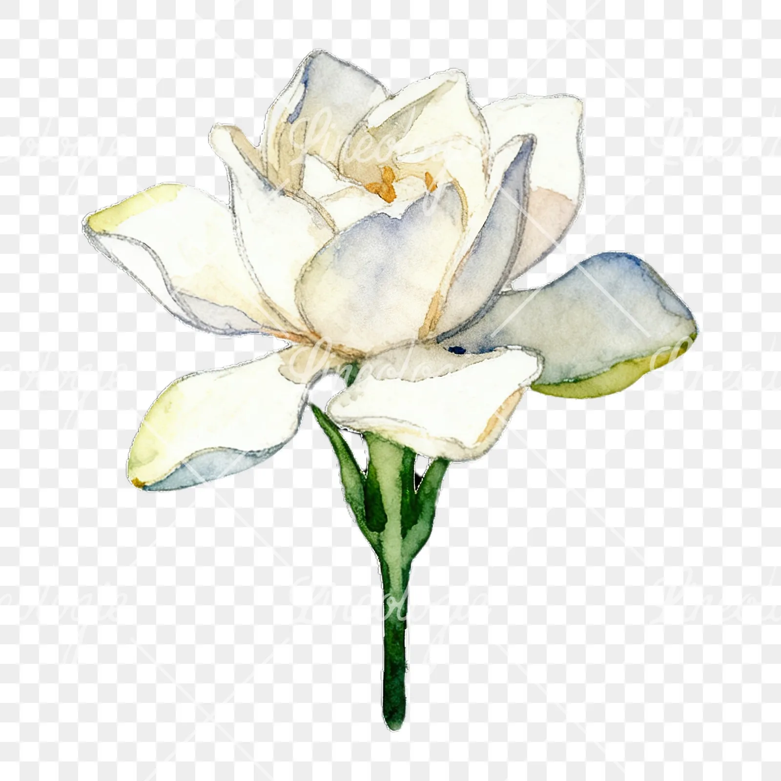 Watercolor white gardenia with yellow hints clipart 4 of 9 on a transparent background (PNG)