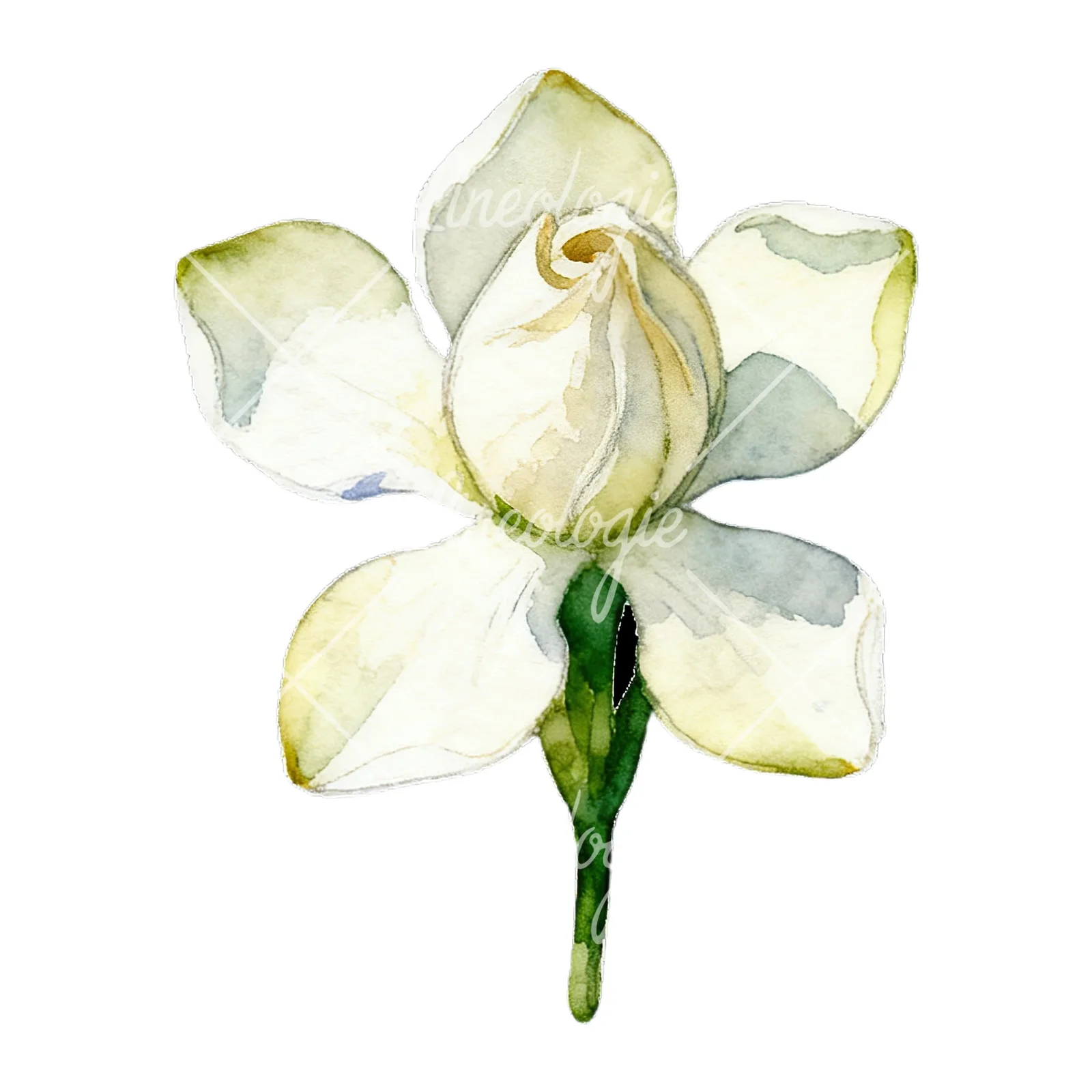 Watercolor white gardenia with yellow hints clipart 5 of 9 on a white background (JPG)