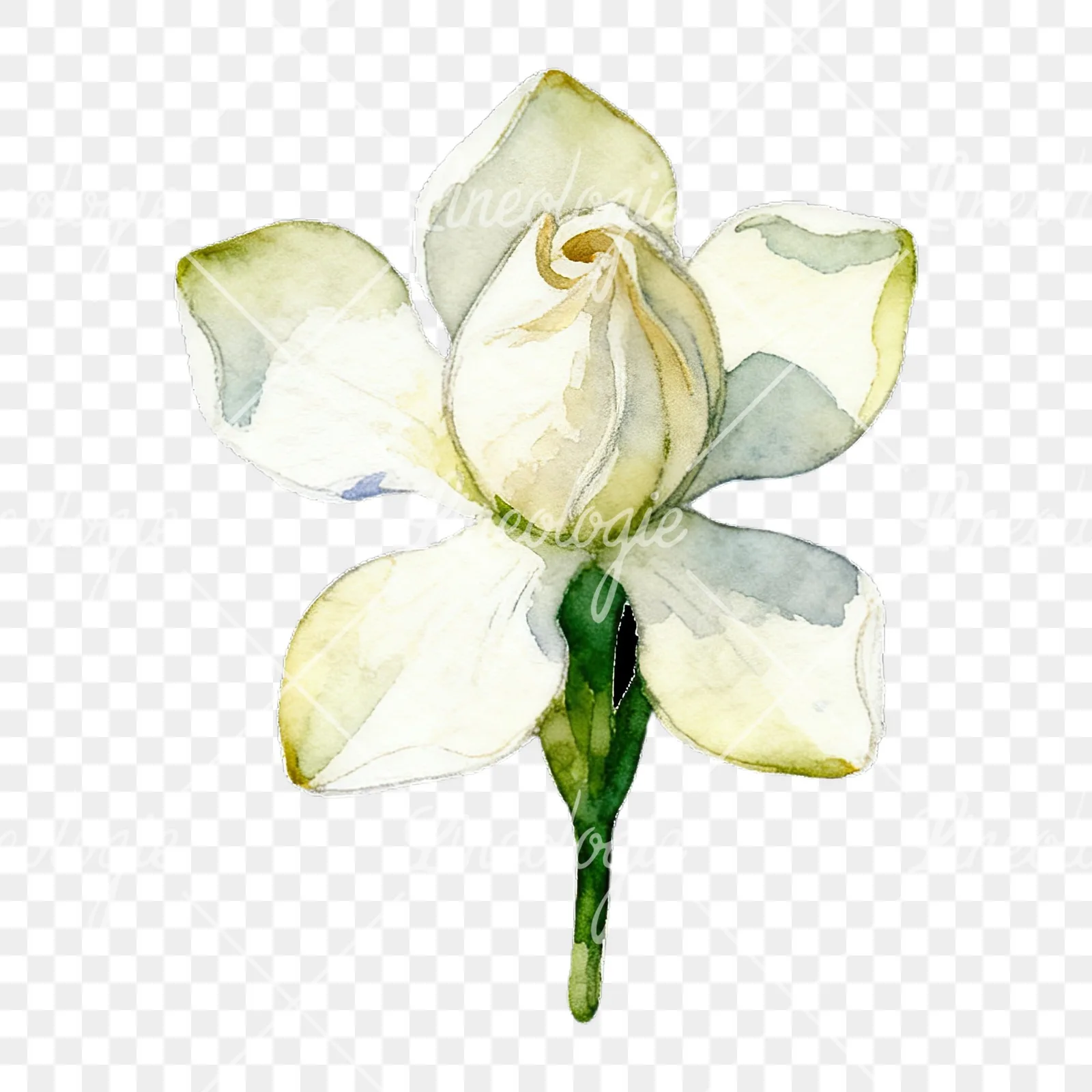 Watercolor white gardenia with yellow hints clipart 5 of 9 on a transparent background (PNG)