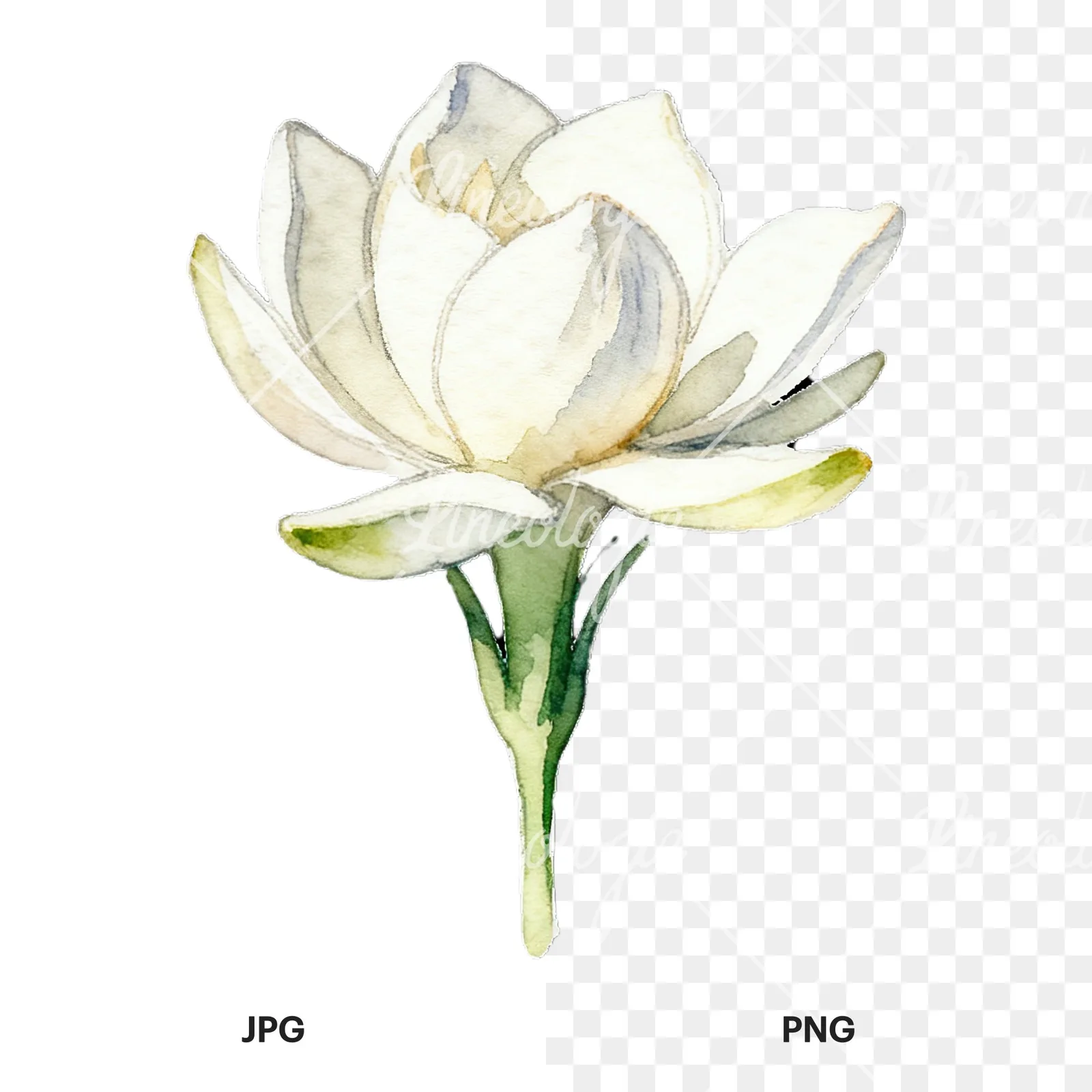 Watercolor white gardenia with yellow hints clipart 6 of 9, as a JPG on white and a transparent PNG