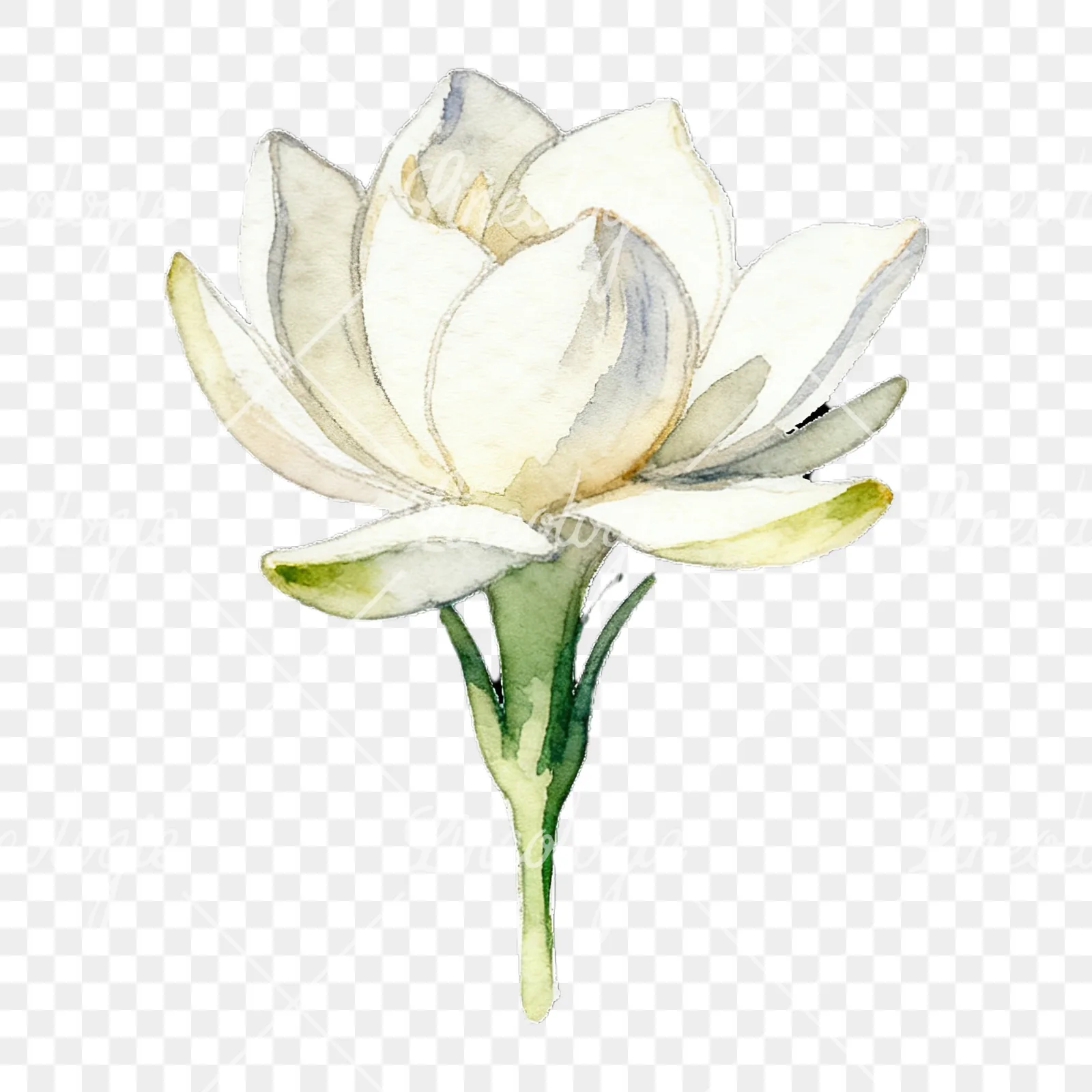 Watercolor white gardenia with yellow hints clipart 6 of 9 on a transparent background (PNG)