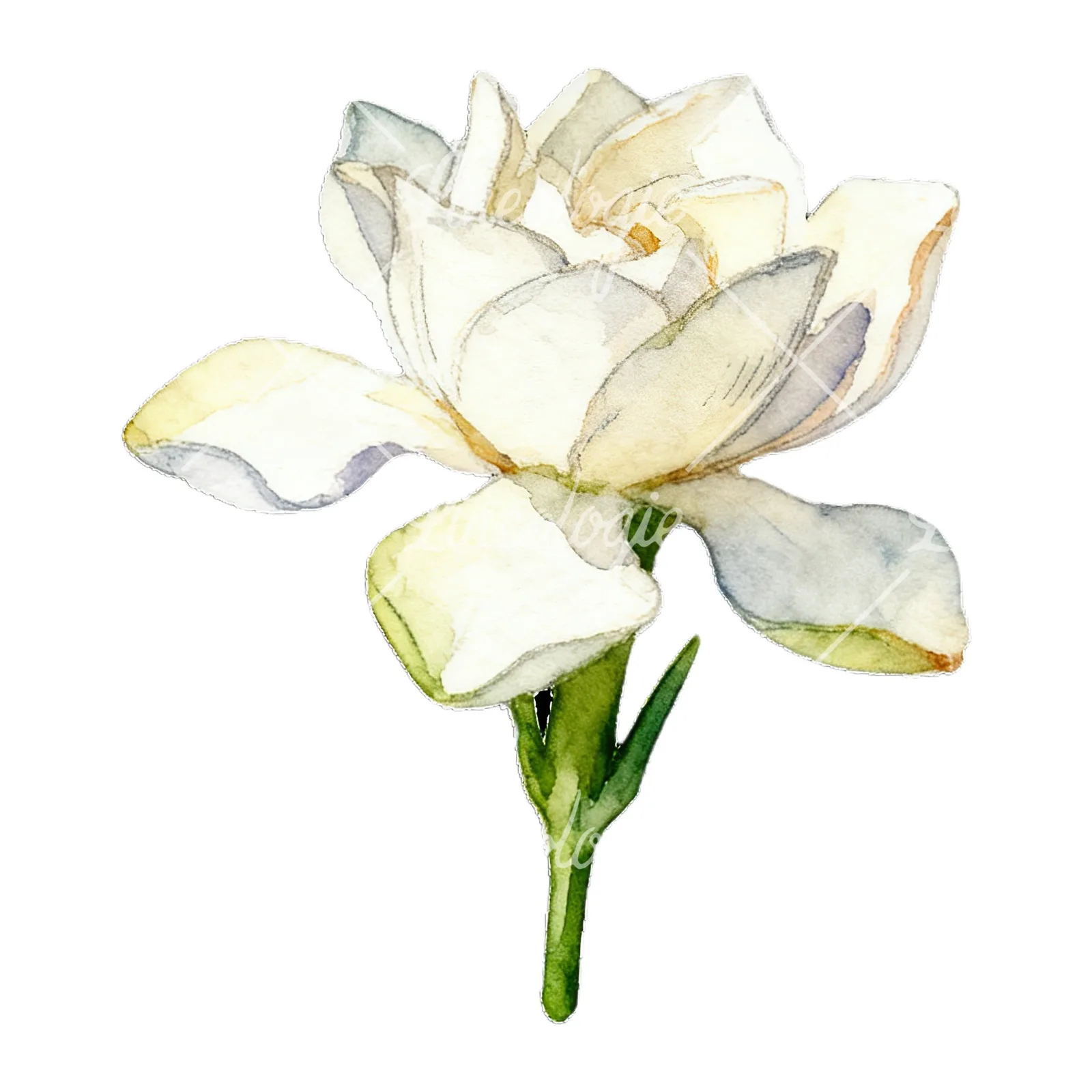 Watercolor white gardenia with yellow hints clipart 7 of 9 on a white background (JPG)